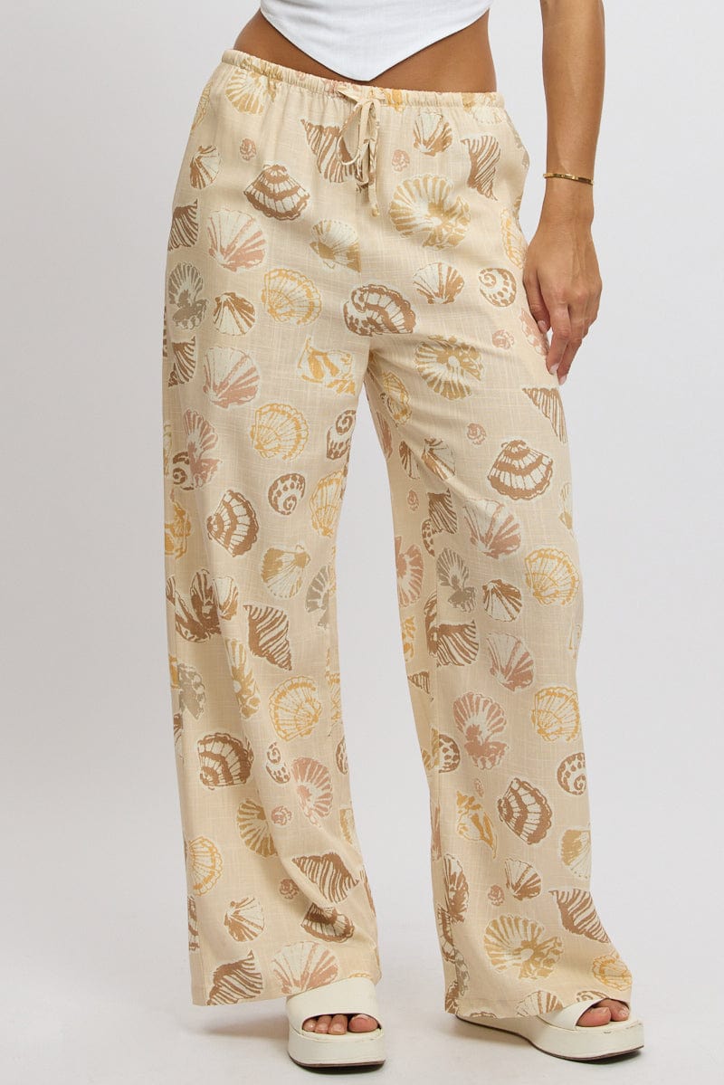 Beige Abstract Print High Waisted Wide Leg Pants for Women - Boho Chic Lounge Pants for Casual Wear & Vacation Outfits
