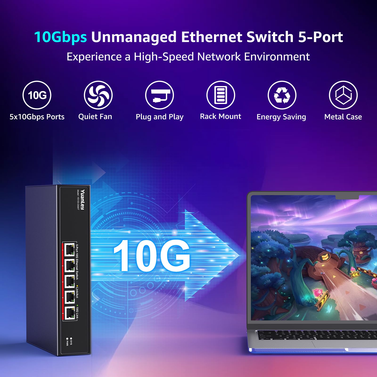 YuanLey 5-Port 10G Ethernet Switch with 5 x 10Gbps RJ45 Ports | 10G/5G/2.5G/1G/100Mbps Auto-Negotiation | 100Gbps Switching Capacity | Unmanaged Plug & Play Rackmount Network Switch for Home Office, Data Center & Gaming Setup