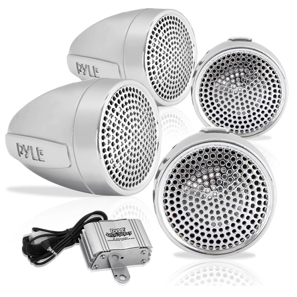 Pyle PLMCA90 1200W Waterproof Motorcycle & ATV Amplifier with Dual Handlebar Speakers, MP3/iPod Input & USB Charger (4-Piece Set) - Perfect for Off-Road Adventures & Long Rides