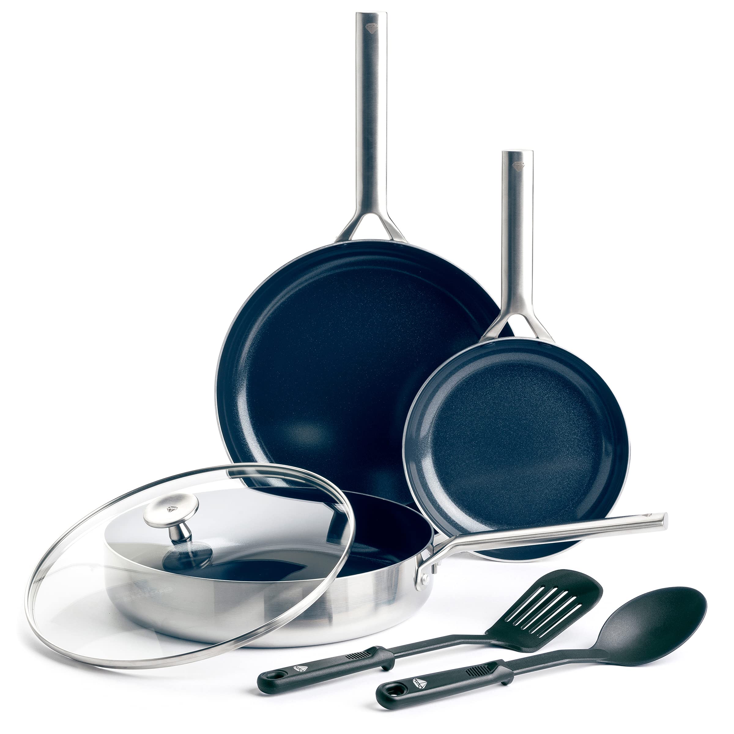 Blue Diamond Tri-Ply Stainless Steel Ceramic Nonstick Cookware Set - 6 Piece Pots and Pans, PFAS-Free, Multi-Clad, Induction Compatible, Dishwasher & Oven Safe (Silver) - Perfect for Sauteing, Boiling & Frying in Modern Kitchens
