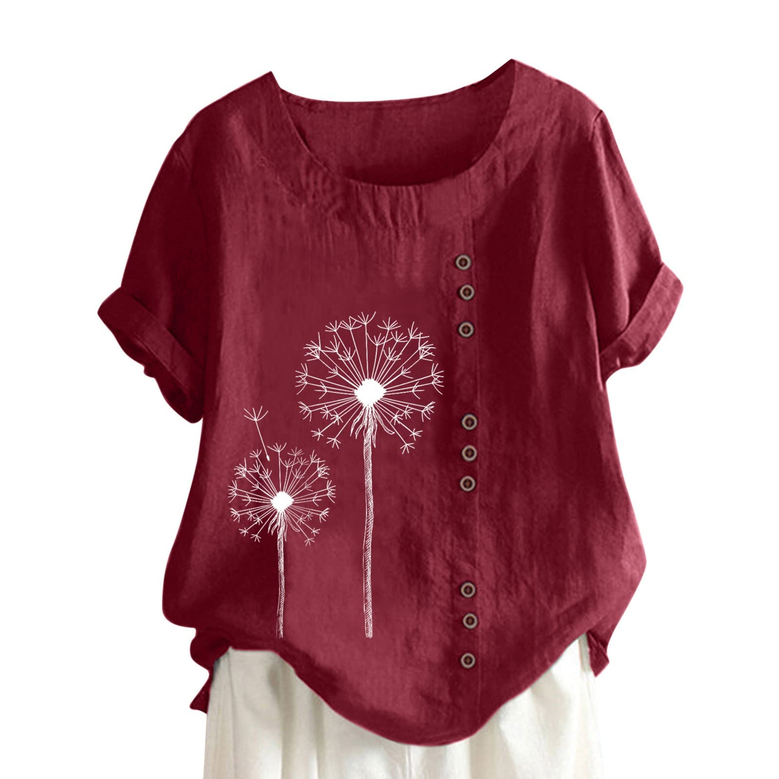 Women's Short Sleeve Cotton Linen Blouse - Round Neck T-Shirt, Summer Loose Fit Tee Top, Casual & Breathable Shirt for Work, Travel & Everyday Wear