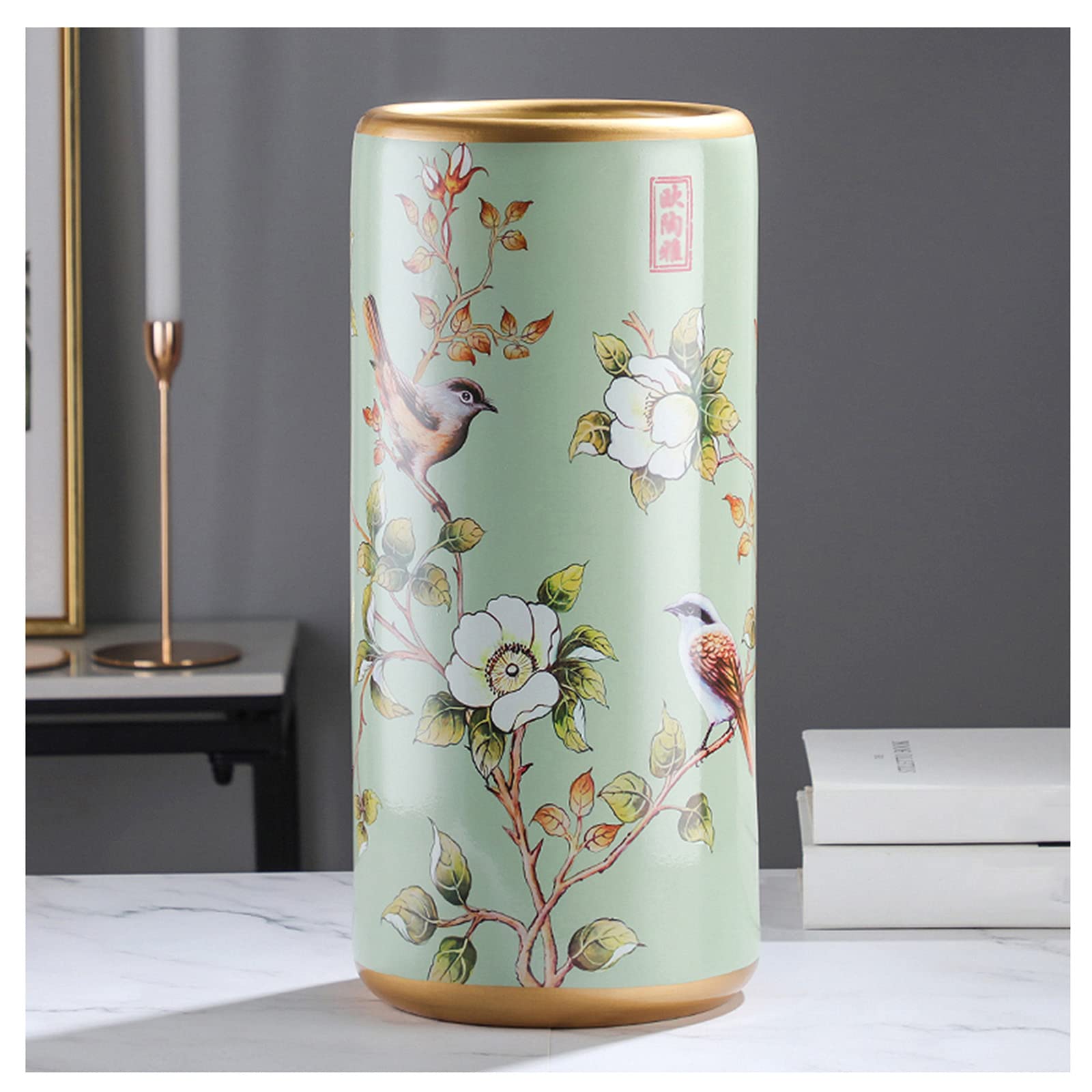 Vintage Ceramic Umbrella Stand 19.5x44cm - Handcrafted Appliqué Chinese Design - Floor Standing Cane & Umbrella Holder for Hotel, Office & Home Entrance - Perfect for Entryway Organization & Rainy Day Storage
