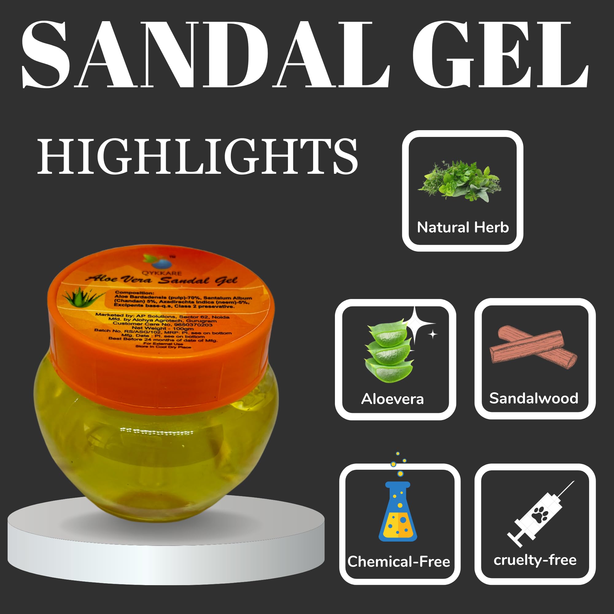 QYKKARE Aloe Vera Sandal Gel - 200gm (100gm X 2) - Soothing Moisturizer for Sunburn, Dry Skin & Hair Care - Perfect for After Sun, Daily Hydration & Scalp Treatment