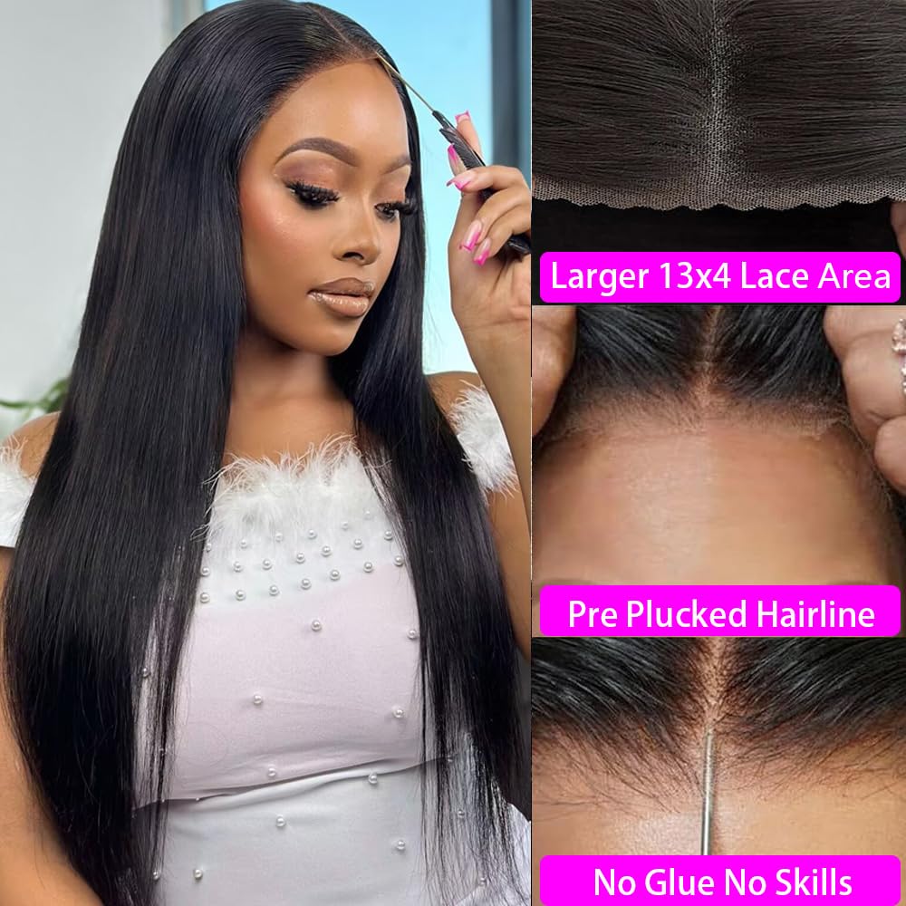 13x4 HD Lace Front Wig Human Hair Straight - Glueless Wear & Go Pre Plucked Wigs with Natural Black Color 24 Inch 180% Density - Perfect for Daily Wear, Parties, Weddings and Special Occasions