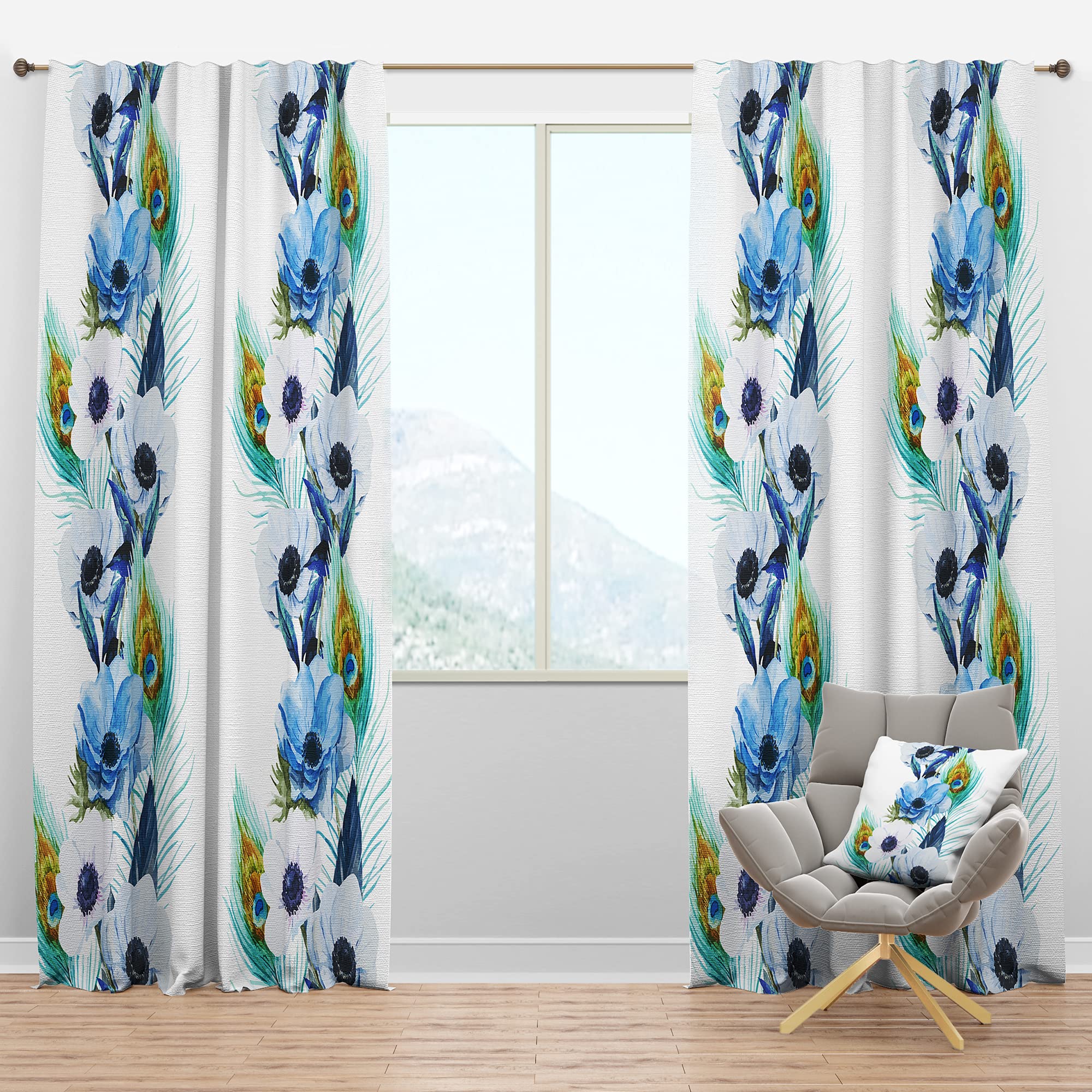 DesignQ Blackout Curtains - Handpainted Anemones & Peacock Feathers Thermal Insulated Window Drapes - 52x84 Inch Single Panel for Bedroom & Living Room - Perfect for Light Blocking & Energy Saving
