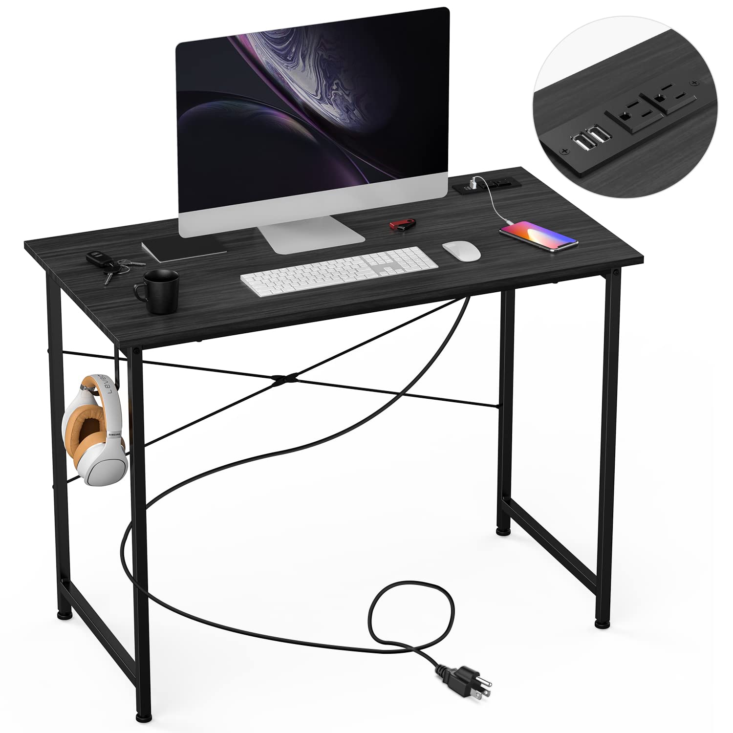 Yesker 32 Inch Computer Desk with Outlet Socket - Sturdy Metal Frame Home Office Desk for Writing, Study & Work | Compact PC Laptop Workstation for Small Spaces | Perfect for Home Office, Dorm Room & Study Areas
