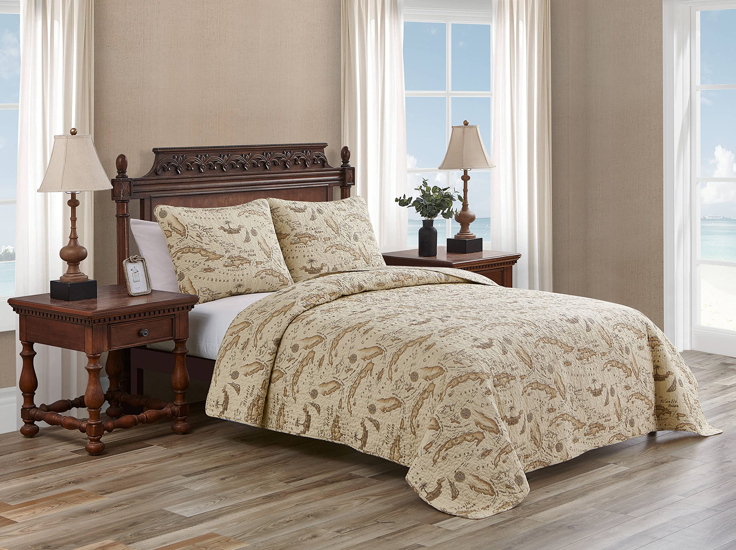 Tommy Bahama Bahama Map Collection 100% Cotton Reversible Quilt Set - King Size, Lightweight & Breathable Bedding with Matching Shams, Pre-Washed for Softness, Khaki - Perfect for Beach House, Guest Room or Tropical Themed Bedroom Decor