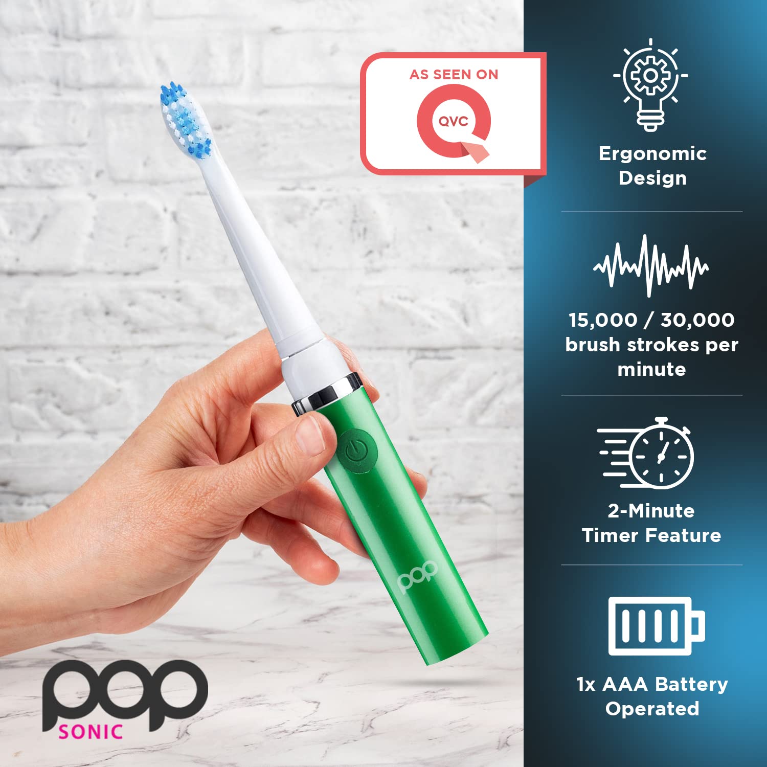 Pop Sonic Electric Toothbrush for Kids & Travel (Green) - 2 Speed Modes (15,000-30,000 RPM) with DuPont Nylon Bristles, Battery Powered - Perfect for Home, School & Vacation Use