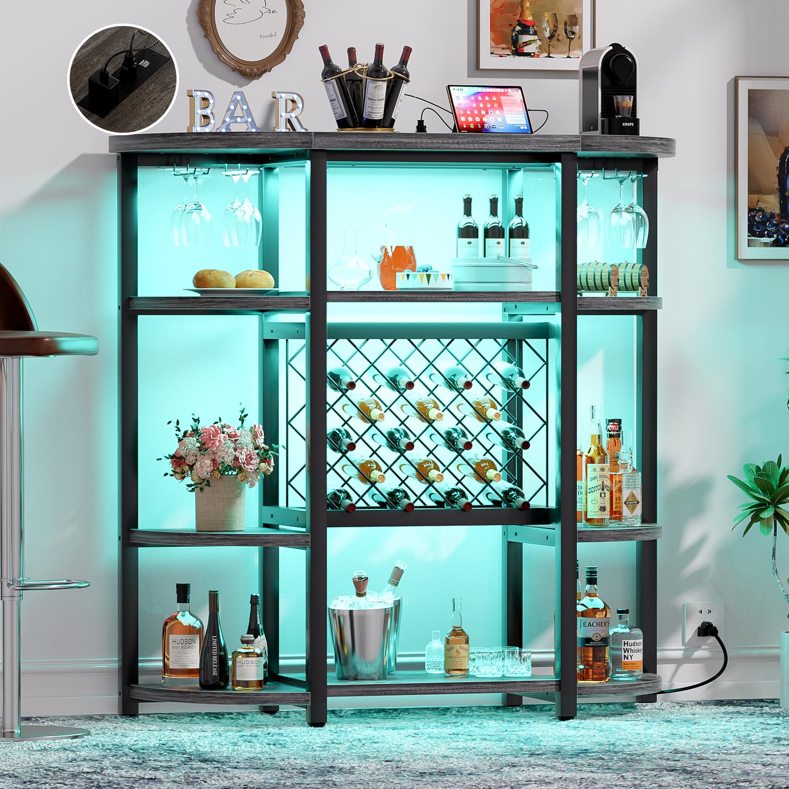 Industrial Wine Bar Cabinet with LED Lights & Power Outlets - Freestanding Coffee Liquor Cabinet for Home Kitchen, Farmhouse Style Black Oak Bar with Glass Storage - Perfect for Entertaining, Dining Rooms & Small Spaces