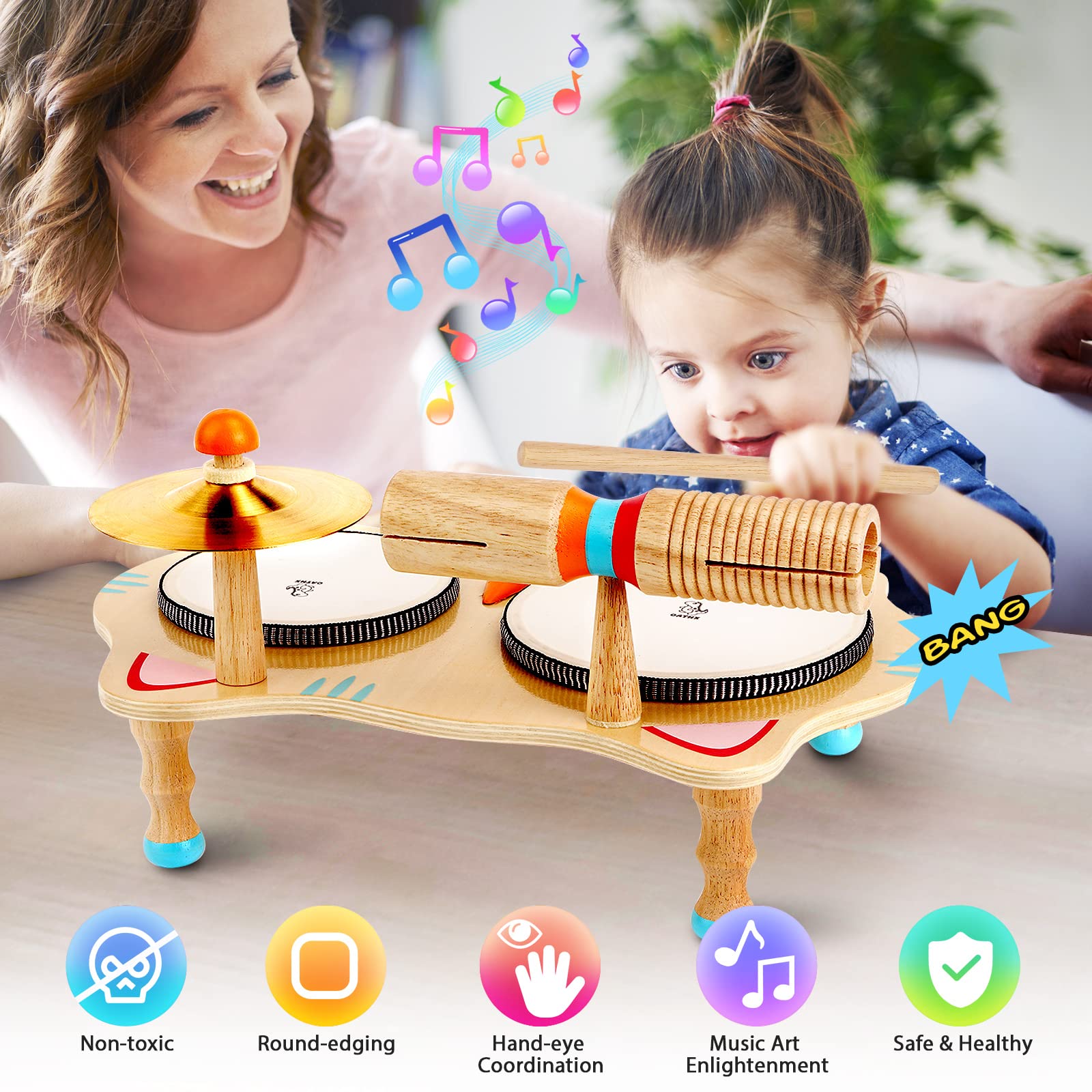Oathx Kids Drum Set - All-in-One Montessori Musical Instruments for Toddlers, Natural Wooden Sensory Toys for Babies - Perfect Birthday Gift for Girls & Boys | Ideal for Early Learning, Playtime & Music Exploration