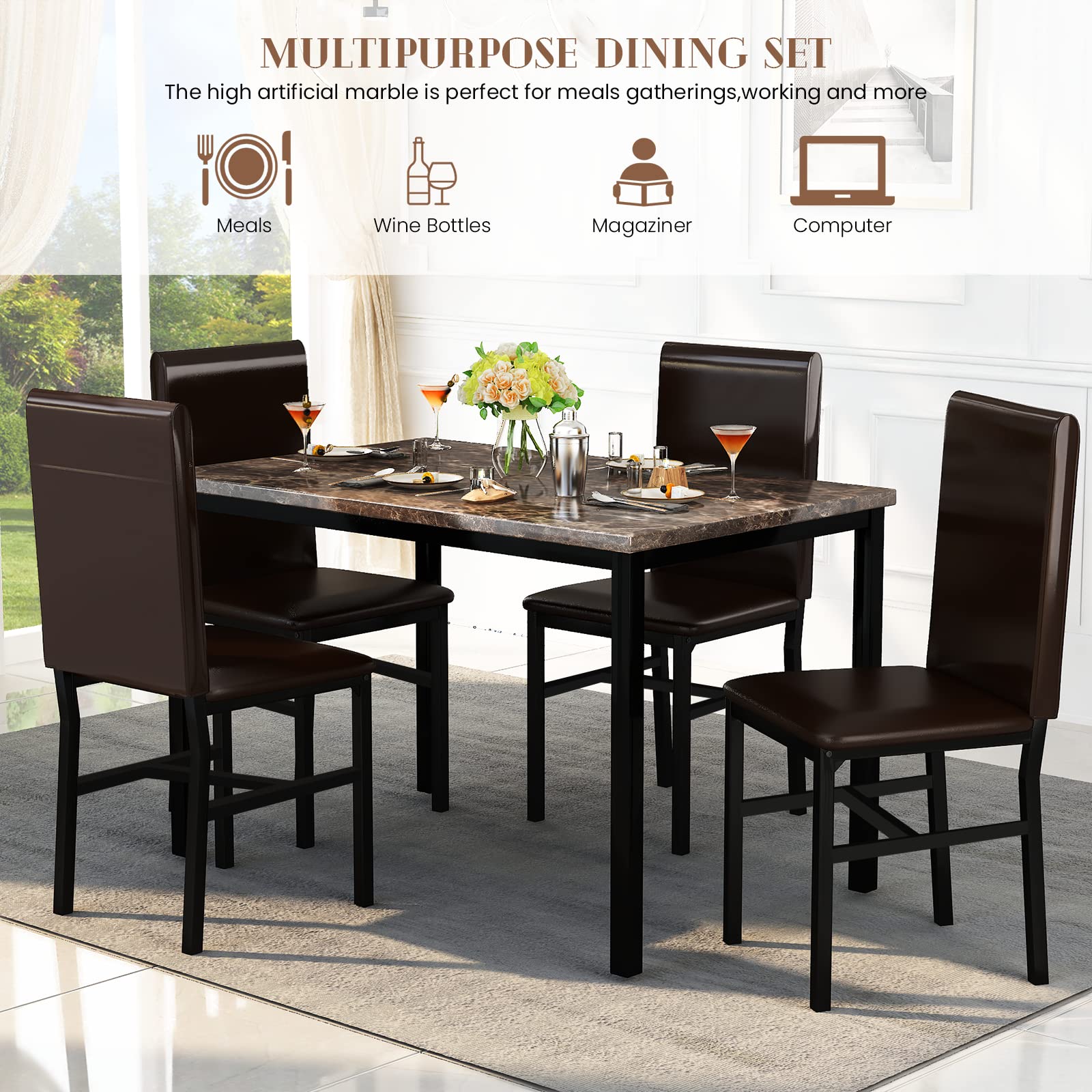 Modern 5-Piece Dining Table Set for 4 - Faux Marble Kitchen Table & 4 Chairs, Compact Brown Dinner Table Set for Small Spaces | Perfect for Apartments, Breakfast Nooks & Cozy Dining Areas