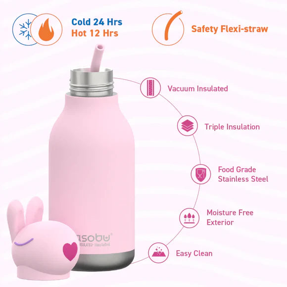 Asobu Bunny Bestie Insulated Water Bottle - Cute & Leak-Proof Stainless Steel Thermos for Kids, School, Travel & Outdoor Activities