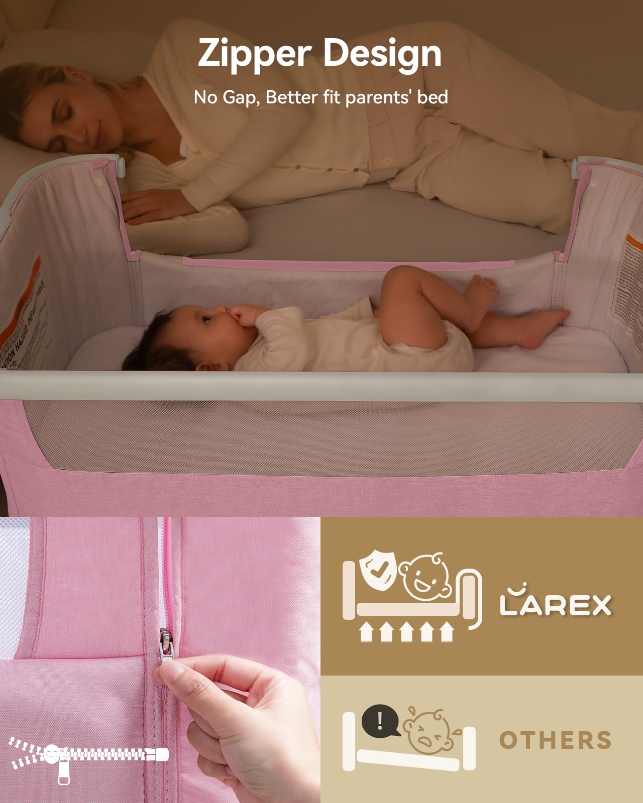 Larex Adjustable Baby Bassinet Bedside Sleeper - Portable Crib with Storage Basket & Wheels for Newborns & Infants - Easy Fold Assembly (Pink) | Perfect for Nursery, Bedroom & Travel Use