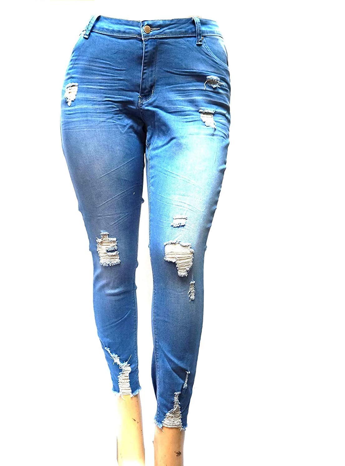 Jack David Women's Plus Size Ripped Distressed Blue Denim Stretch Jeans - Comfortable High Waisted Skinny Pants for Casual Wear & Street Style