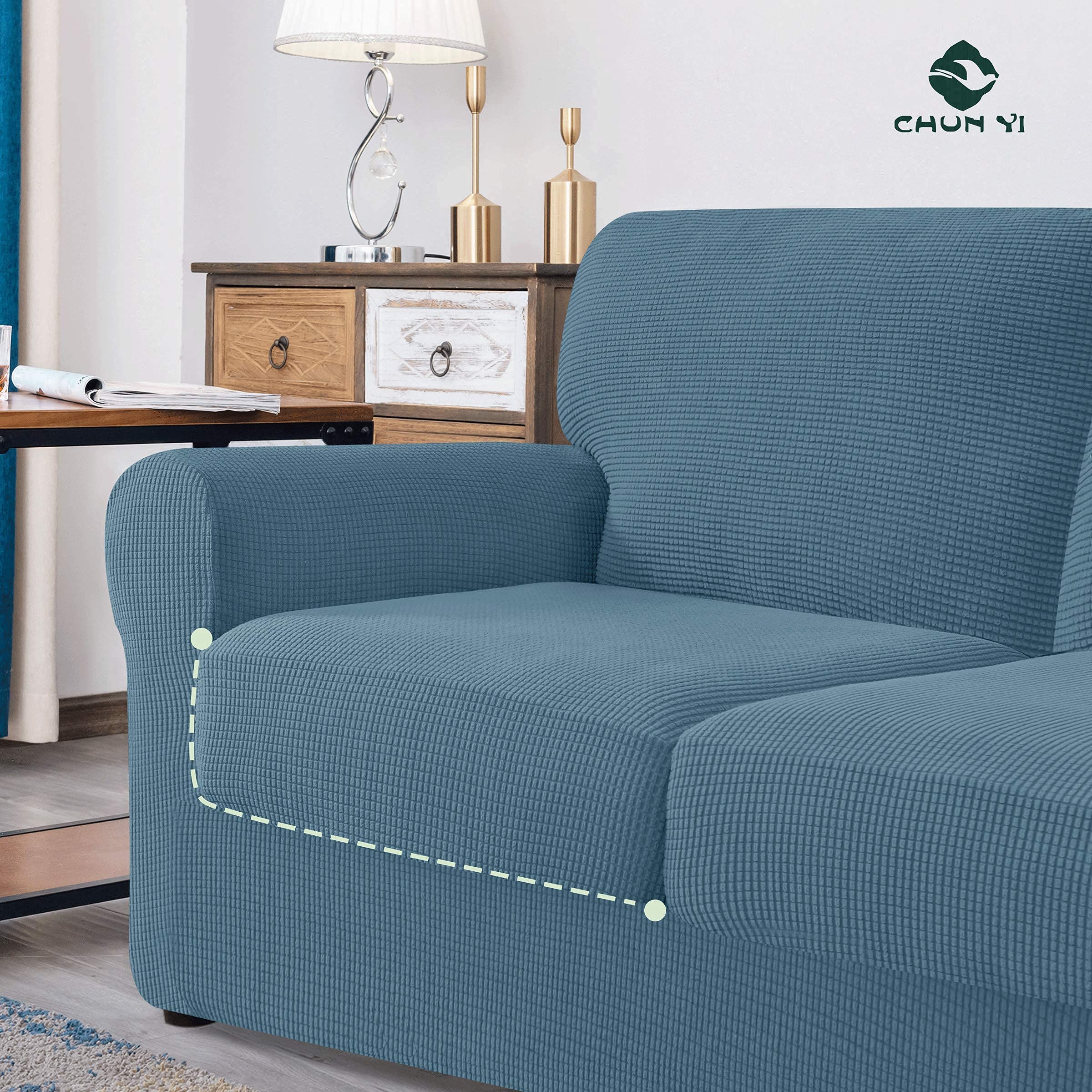 CHUN YI Loveseat Sofa Cover Set - Stretchable Jacquard Fabric Slipcover with Detachable Backrest & Cushions (Smoky Blue Checkered Pattern) - Perfect for Living Room, Bedroom, and Home Decor Protection