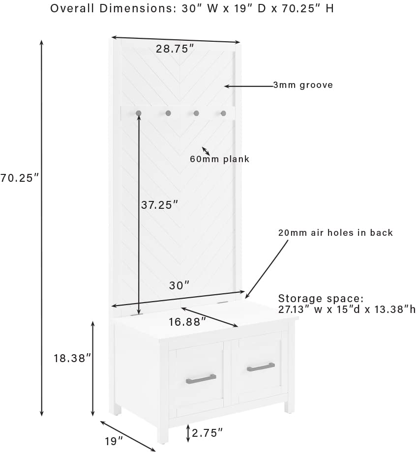 Crosley Kayce Hall Tree with Storage Bench & Coat Rack - White Entryway Organizer for Coats, Shoes & Accessories | Perfect for Mudrooms, Foyers & Small Spaces
