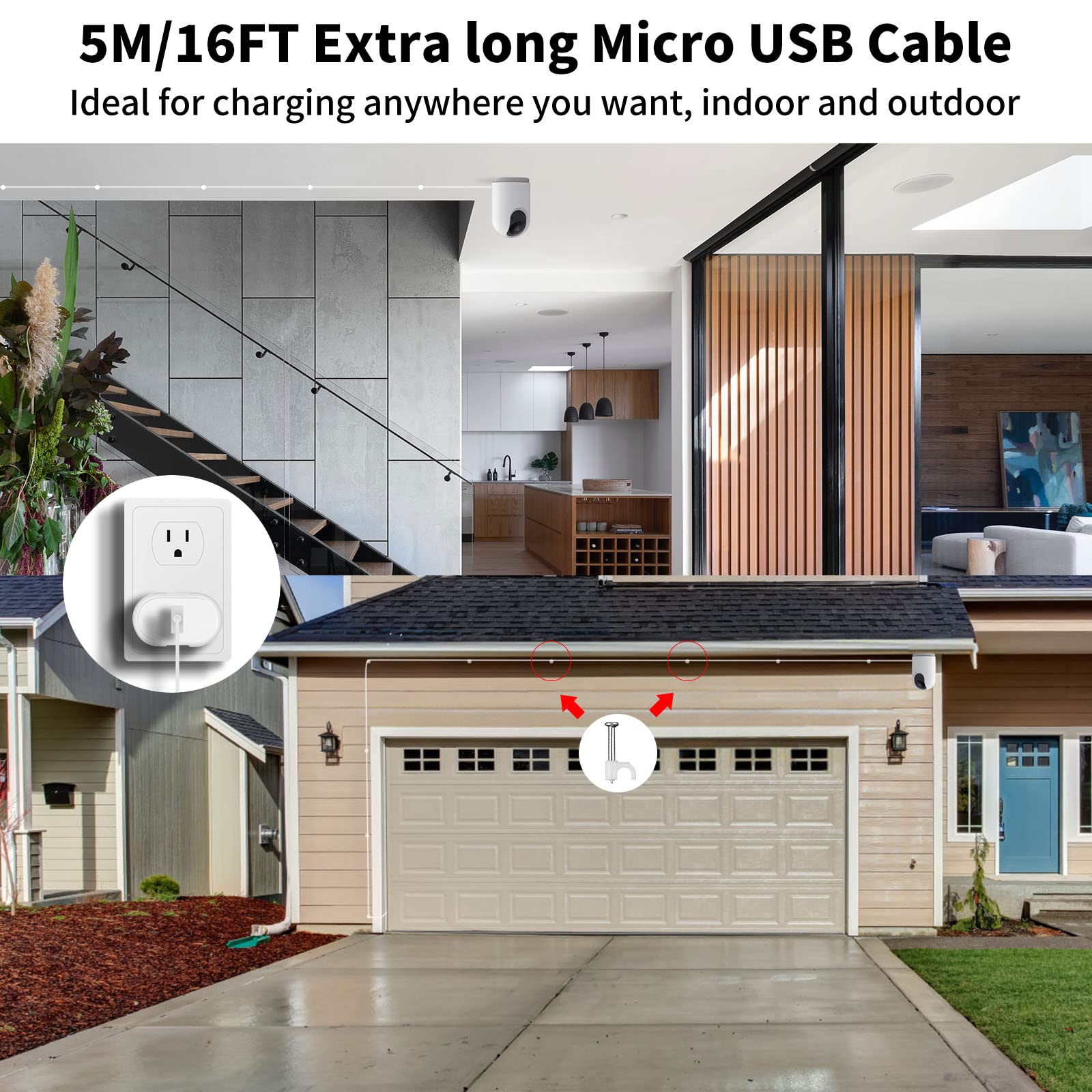 ACOCOBUY 5M Micro USB Charging Cable for Mi 360° Home Security Camera 2K Pro, Mi Smart Camera C300 - Durable White USB to Micro USB Cord for Security Cameras | Indoor & Outdoor Surveillance Power Supply