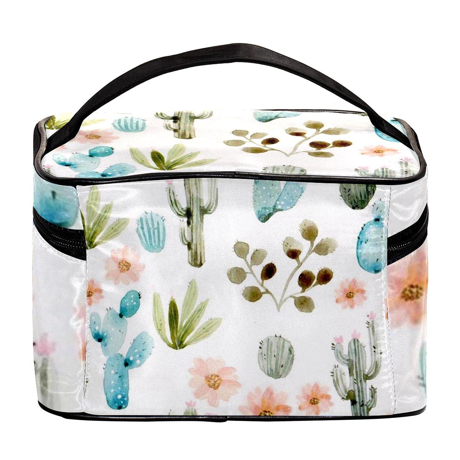 Waterproof Large Travel Makeup Bag with Cactus Watercolor Design - Cosmetic Organizer Case with Zipper for Women & Girls - Perfect for Travel, Gym, and Daily Use