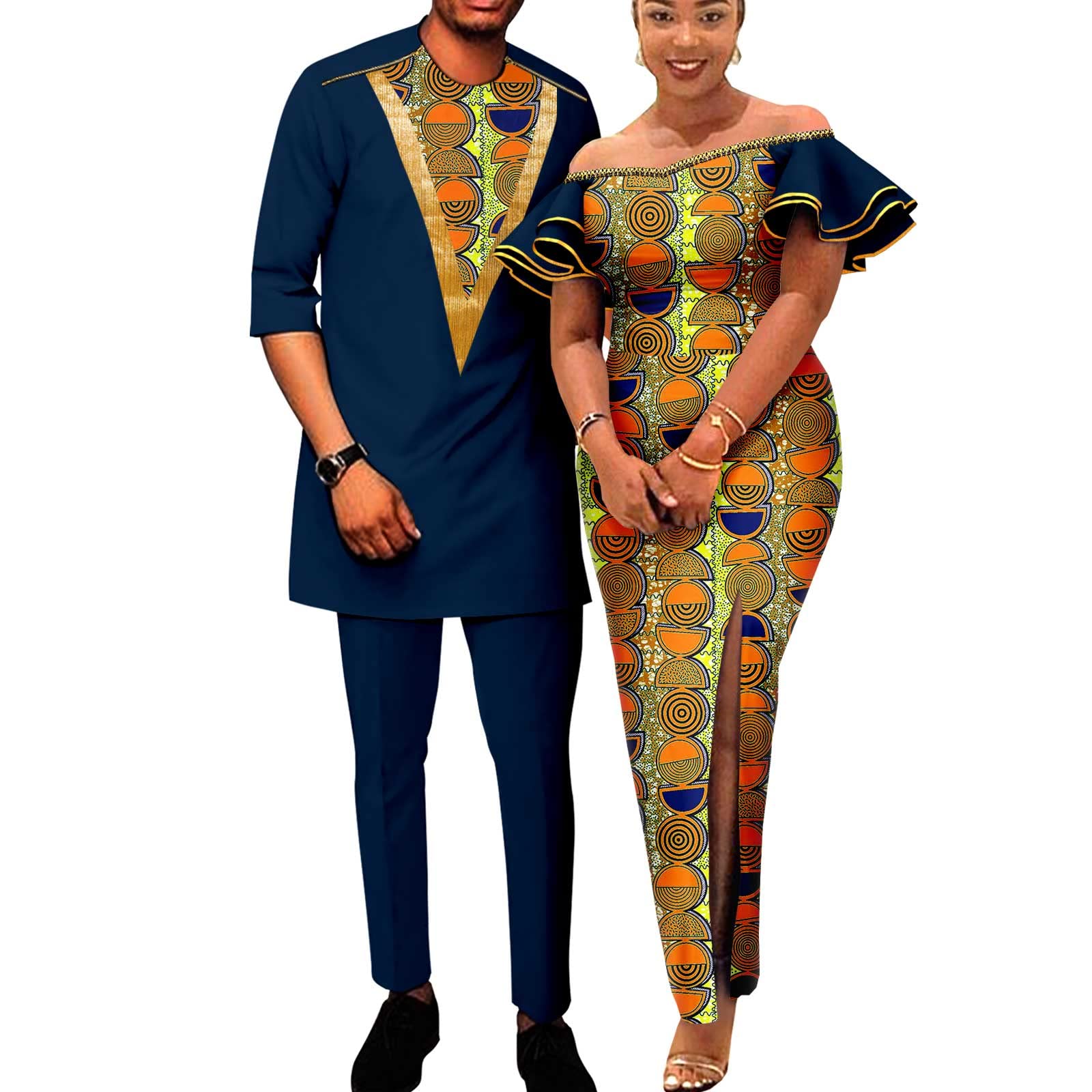 African Couple Matching Outfits - Women's Ruffled Sleeve Bazin Riche Dress & Men's Dashiki Zipper Shirt Pants Set | Traditional Wedding, Anniversary & Cultural Celebration Attire