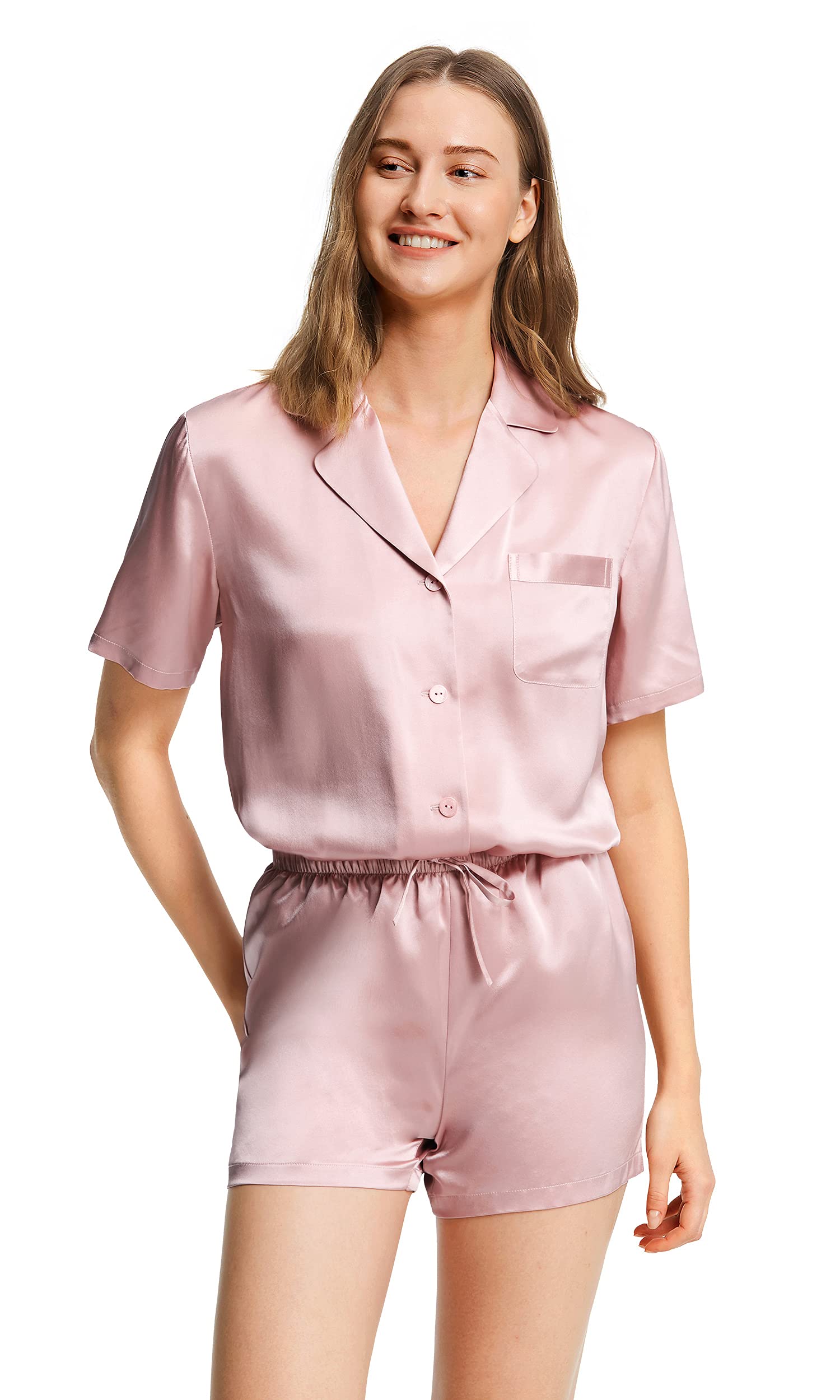 LILYSILK 100% Mulberry Silk Pajama Set for Women - 19 Momme Short Sleeve Button Down Sleepwear | Soft & Breathable Two-Piece Pajamas for Summer Nights, Lounging & Gift Giving