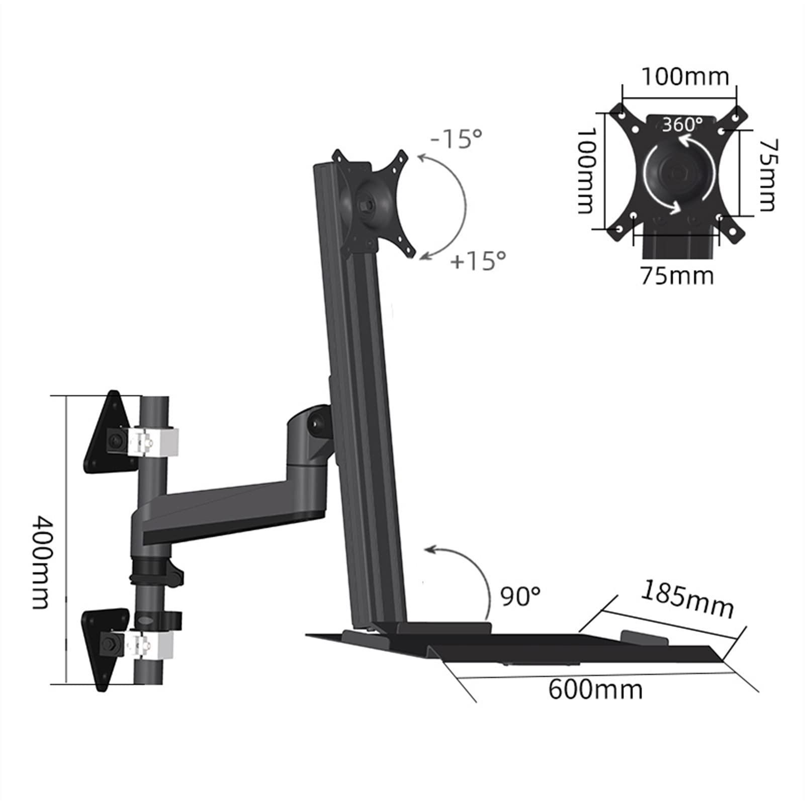 Adjustable Monitor Stand with Foldable Keyboard Tray - VESA 75x75/100x100mm Wall & Desk Mount - Ergonomic Sit-Stand Workstation for Home Office & Industrial Use - Perfect for Dual Monitor Setup & Space Saving Workstations