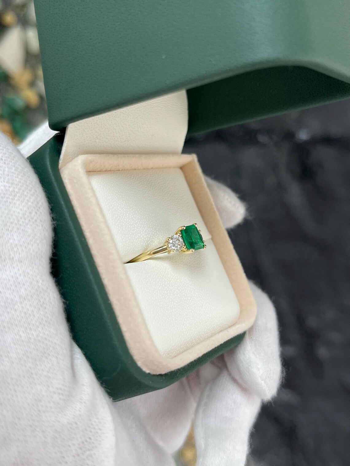 1.34ct Vivid Emerald Cut Emerald & Round Diamond Accent Engagement Ring - Elegant Proposal, Wedding, Anniversary Gift for Her