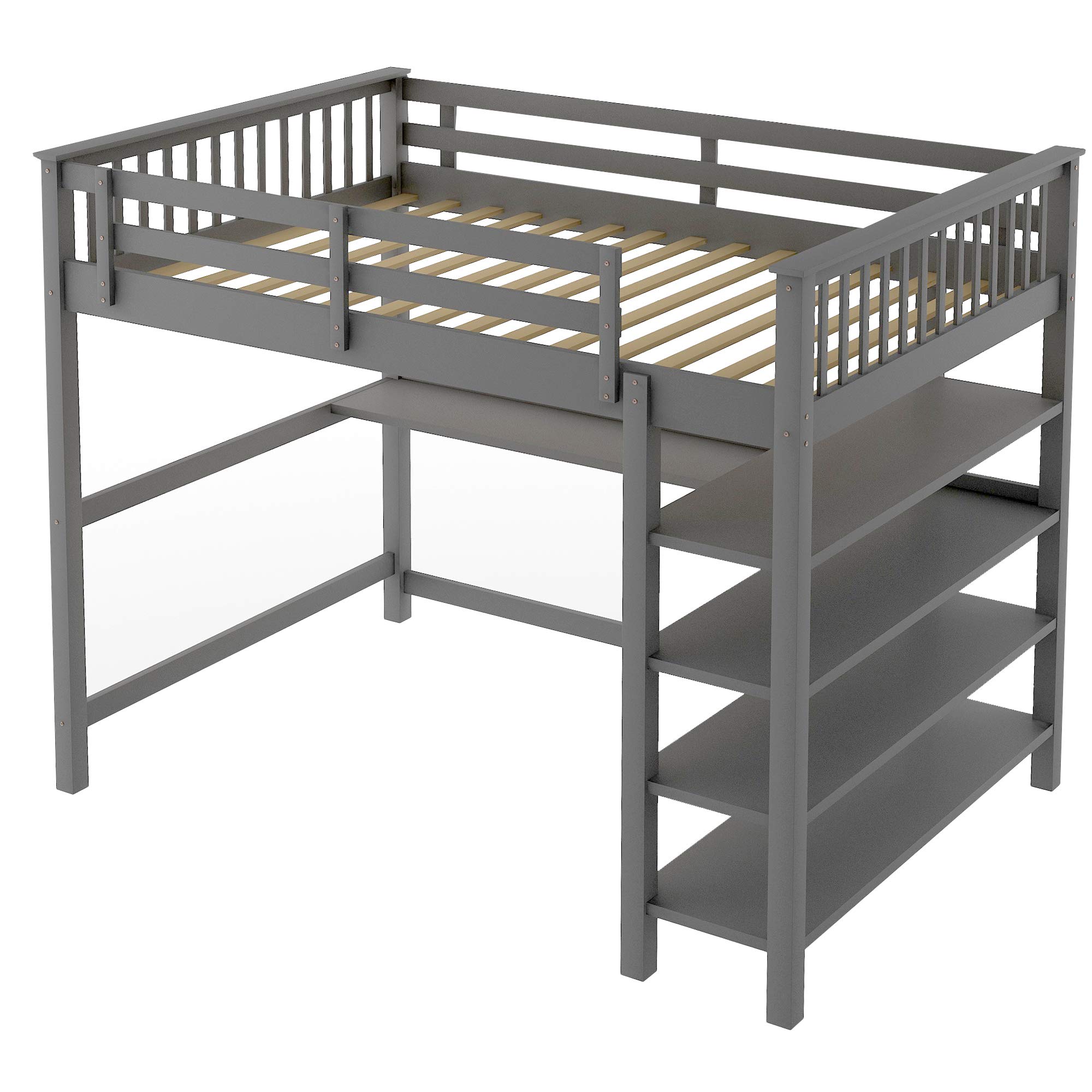 Rubber Wood Loft Bed with Storage Shelves & Desk - Full-Length Guardrail, Space-Saving Kids Bed Frame with Bookcase (Full Size, Gray) - No Box Spring Needed | Perfect for Small Bedrooms, Dorms & Kids' Rooms
