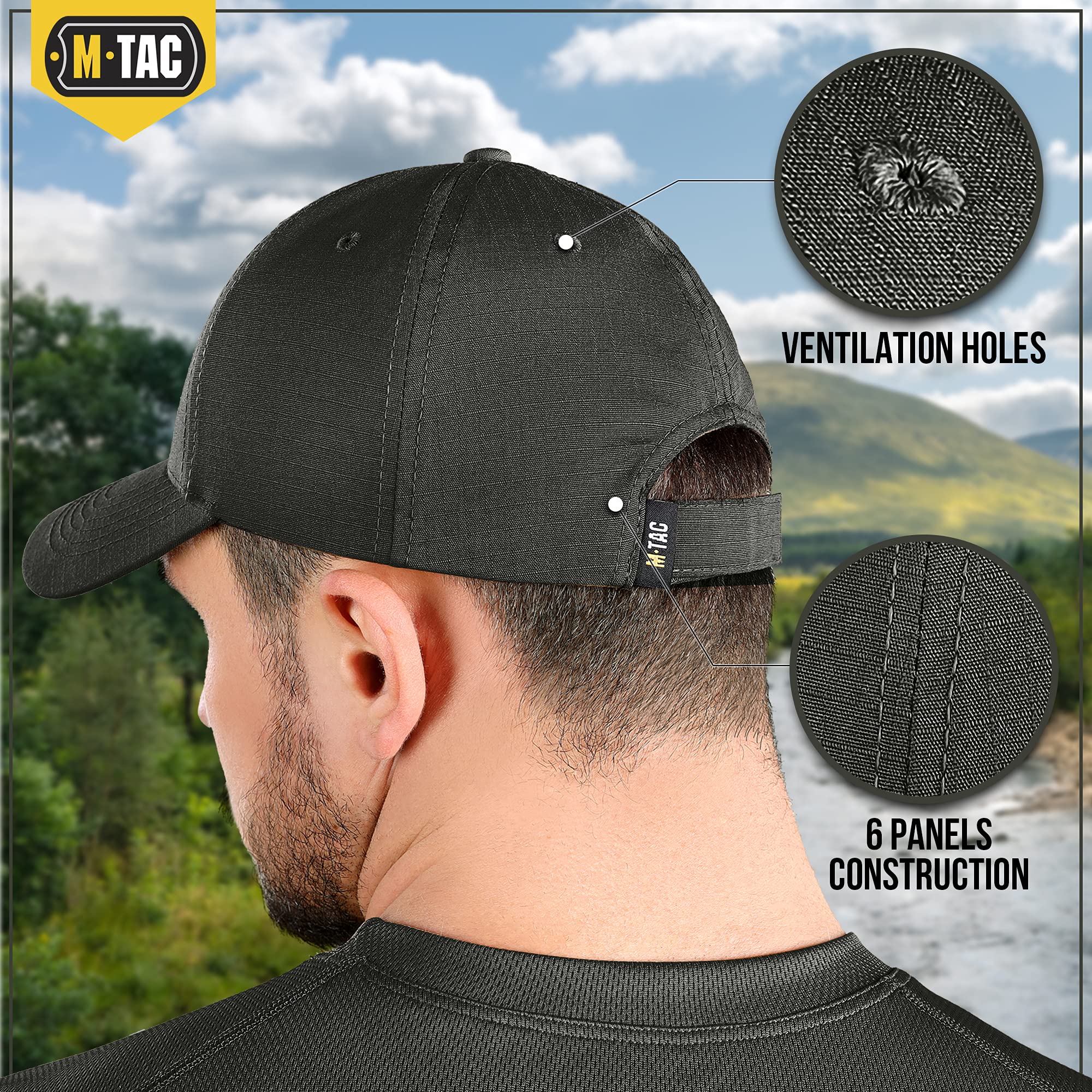 M-Tac Tactical Baseball Cap - Adjustable Ripstop Hat for Men & Women, Military Style Outdoor Workout Cap for Hiking, Running, and Casual Wear