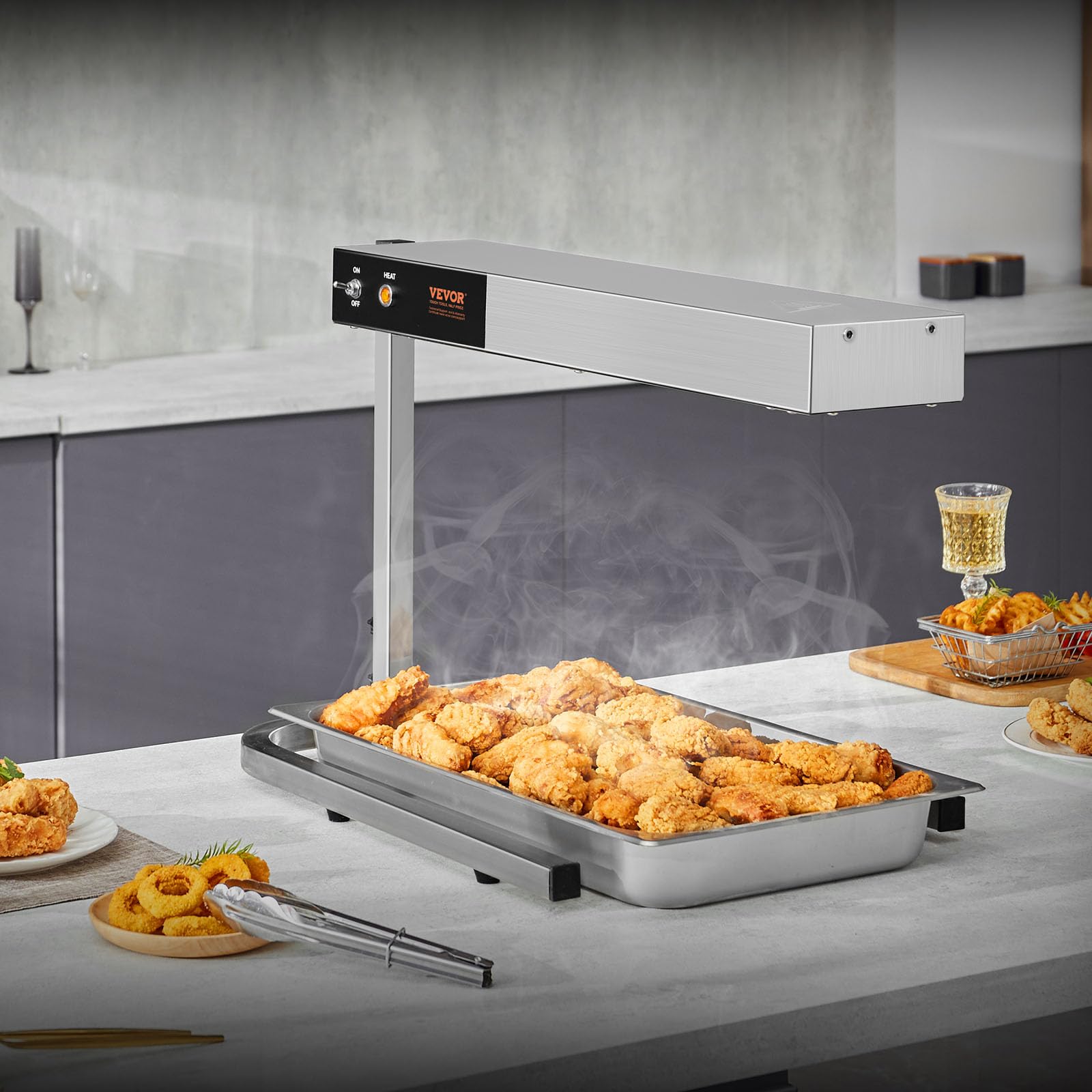 VEVOR 750W Commercial French Fry Warmer - Stainless Steel Electric Food Heating Lamp with Adjustable Temperature 104-122°F - Perfect for Chip Buffet, Restaurant Kitchen Countertop & Fast Food Service Stations - Silver