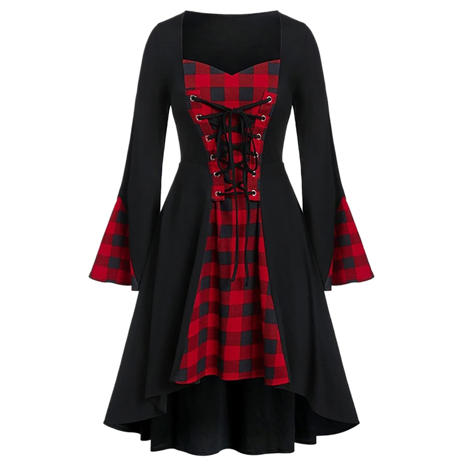 FAVIPT Vintage Gothic Dress for Women - Halloween Lace Up Plaid Dress with Long Flare Sleeves | Gothic Fashion, Masquerade Costume | Perfect for Halloween Parties, Cosplay Events & Gothic Themed Occasions
