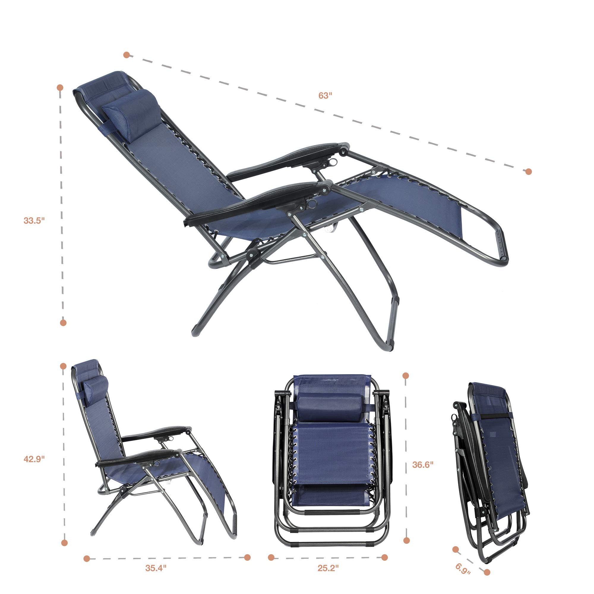 Zero Gravity Chairs Set of 2 - Adjustable Reclining Outdoor Lounge Patio Chairs for Garden, Beach, Poolside - Comfortable Gray & Blue - Perfect for Relaxing, Sunbathing, and Backyard Lounging