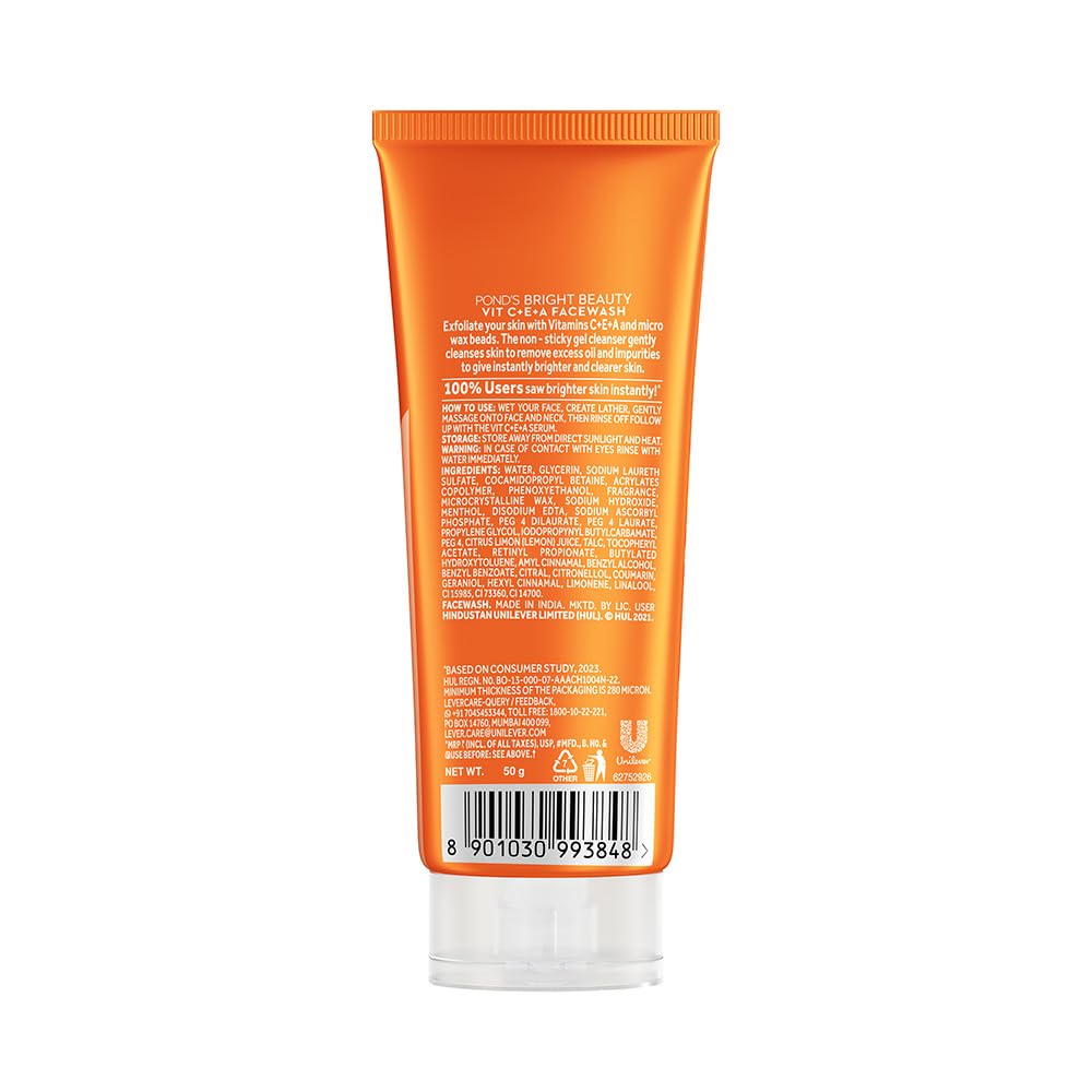 POND'S Bright Beauty Vitamin C+E+A Gel Face Wash 50ml - Brightening & Anti-Aging Facial Cleanser for Glowing Skin - Perfect for Morning & Night Skincare Routine