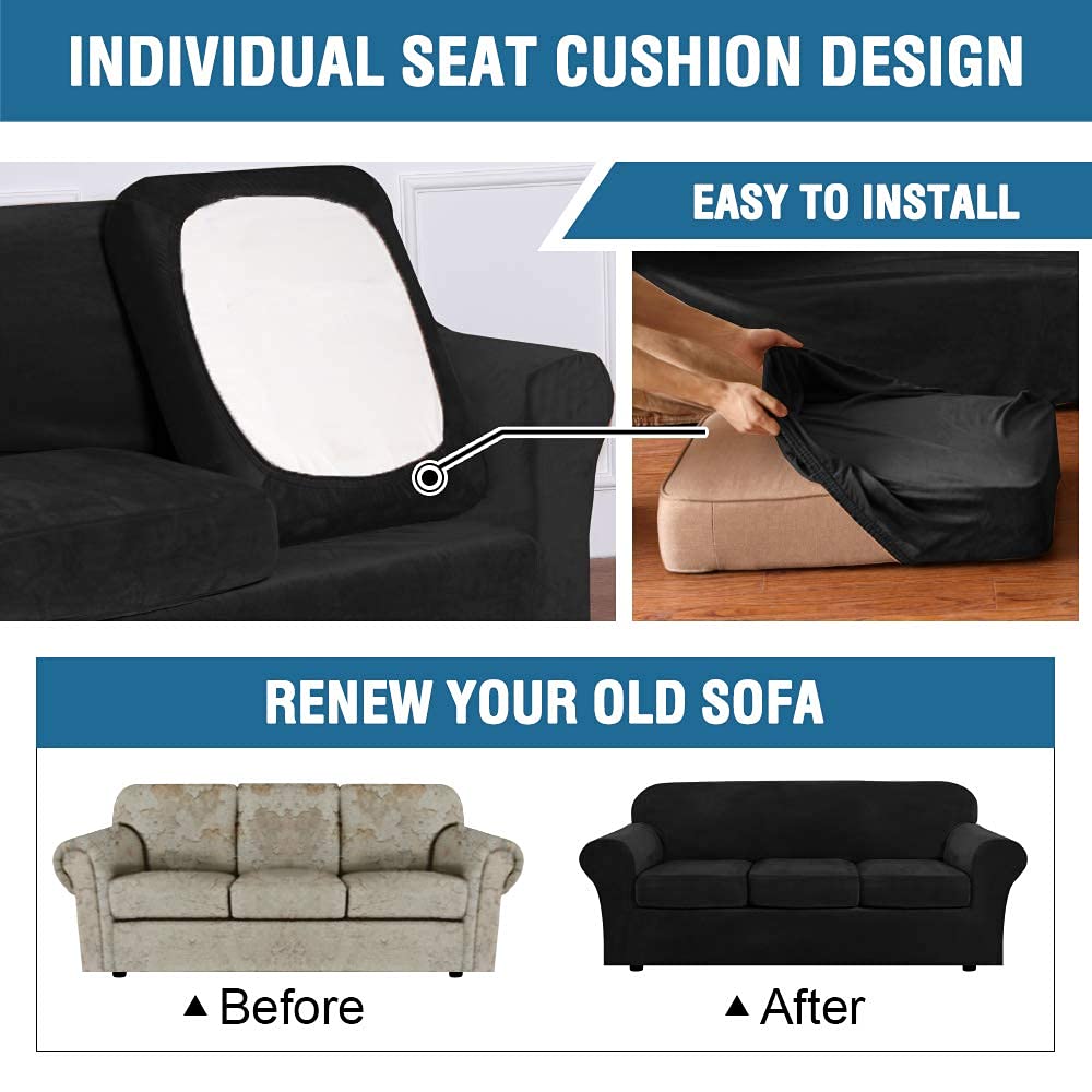 H.VERSAILTEX Velvet Stretch Sofa Covers Set - 3 Cushion Couch Cover, 2 Cushion Loveseat Cover & Armchair Slipcover (Black) - Soft Protective Furniture Covers for Living Room, Apartment, Dorm Decor
