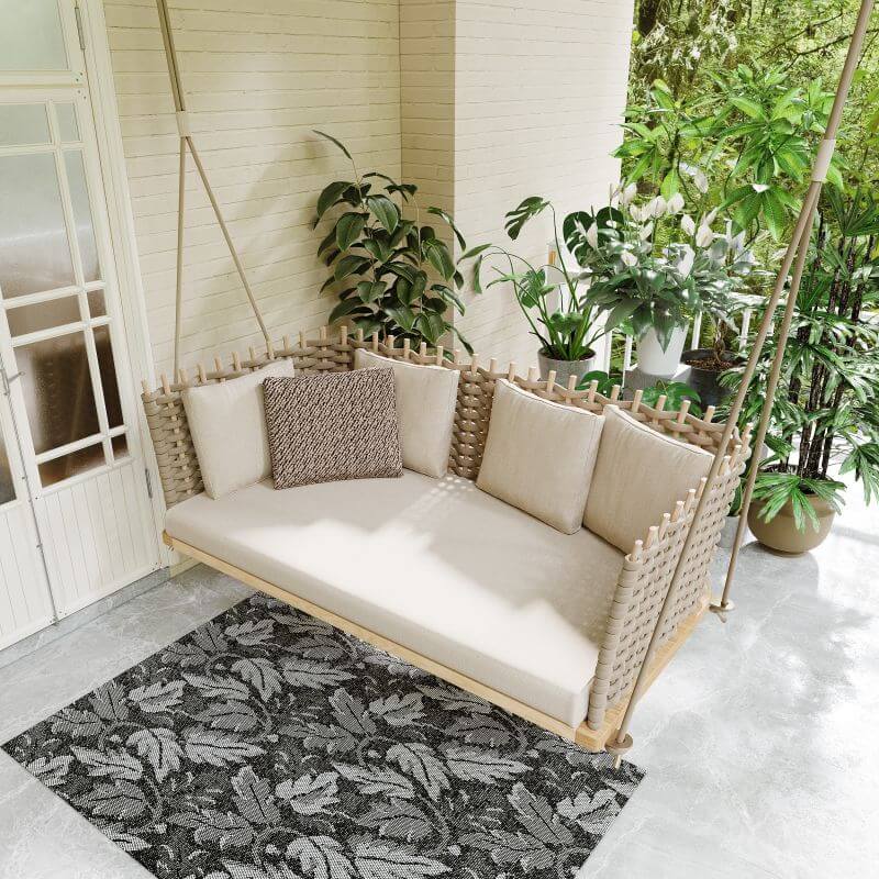 Woven Rattan Porch Swing Sofa with Khaki Cushion Pillow - Outdoor Hanging Chair for Patio, Garden, or Balcony Relaxation