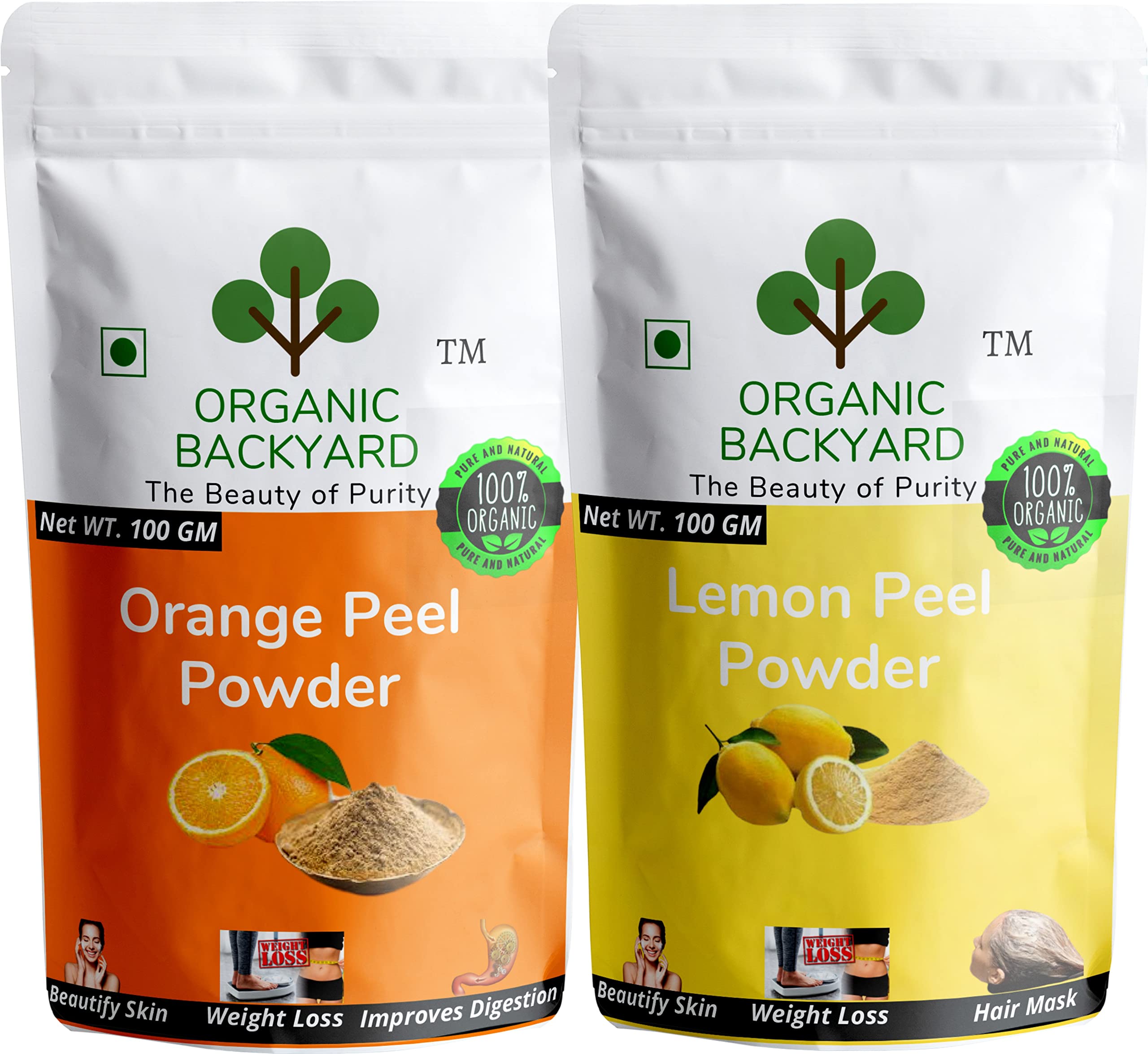 Organic Orange Peel & Lemon Peel Powder Combo - 100% Natural, 100g Each - Brightening Face Mask & Exfoliator for Glowing Skin - DIY Skincare, Acne Treatment, Dark Spot Remover