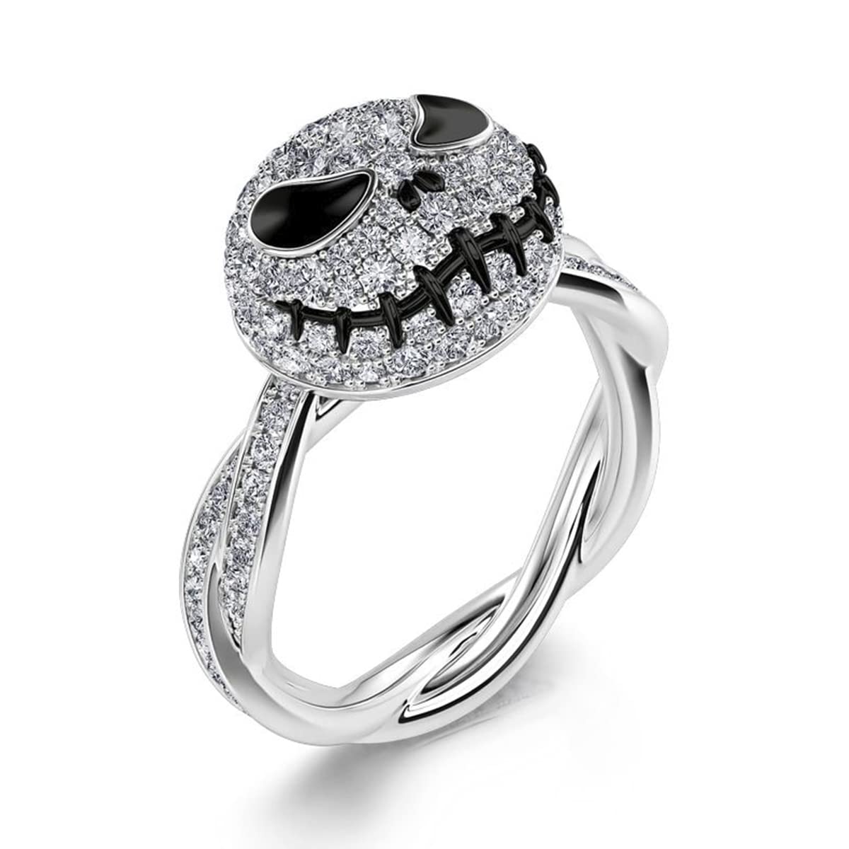 Jeulia Jack Skellington Sterling Silver Rotating Skull Ring - Nightmare Before Christmas Inspired Jewelry for Women & Men | Diamond Solitaire Engagement, Anniversary Gift for Couples | Perfect for Halloween, Christmas, Gothic Weddings & Alternative Fashion