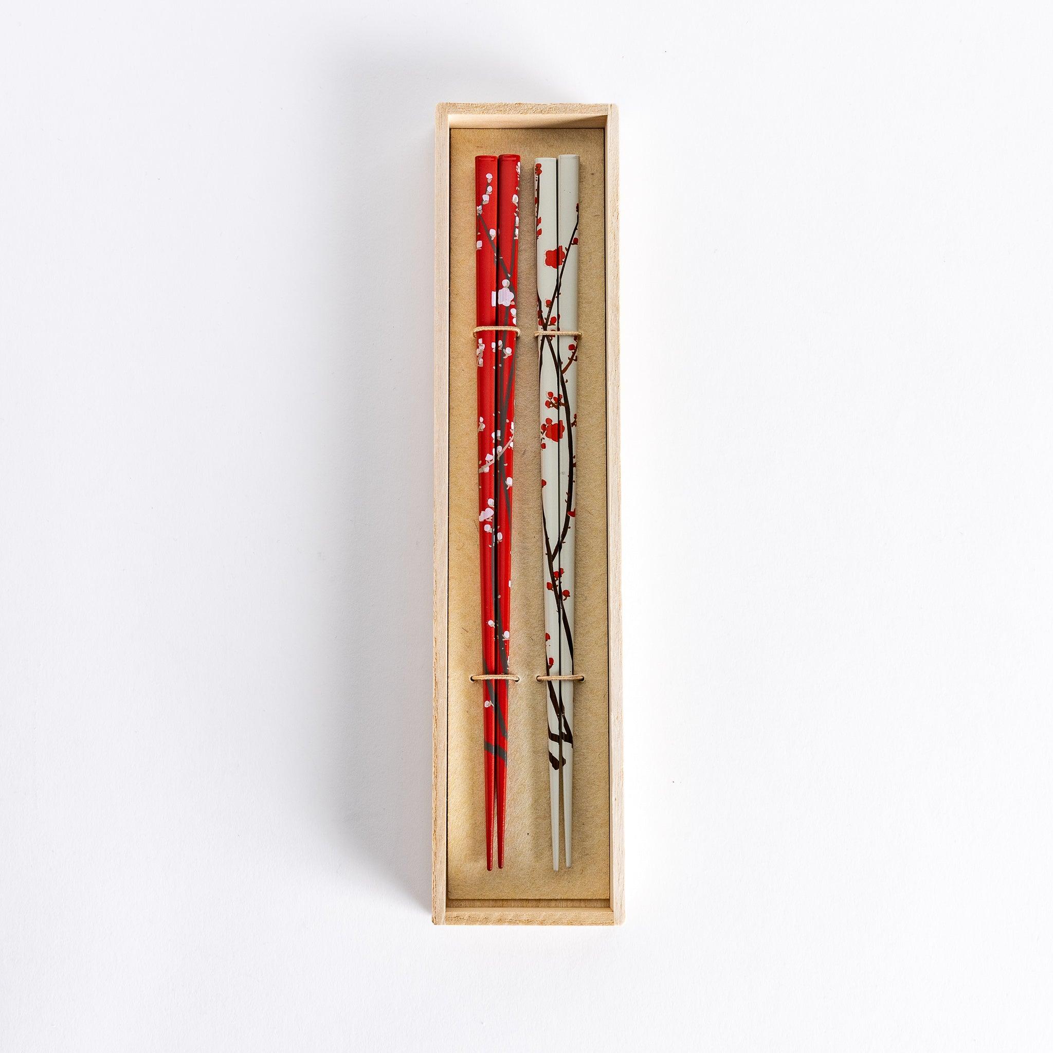 Premium Red and White Plum Chopsticks Set - Elegant Japanese Style Dining Utensils for Sushi, Asian Cuisine & Home Decor
