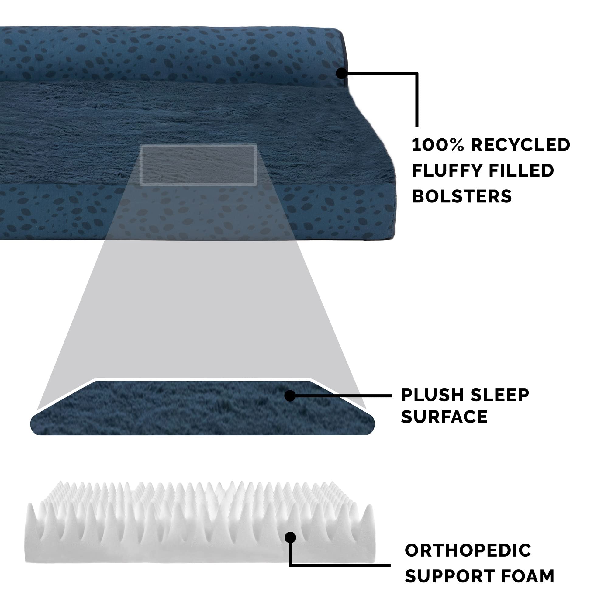 Furhaven Orthopedic Dog Bed for Small & Medium Dogs - Plush & Almond Print L-Shaped Chaise with Removable Bolsters & Washable Cover - Supports Up to 35 lbs - Blue Almonds (Medium) - Perfect for Crate Training, Arthritis Relief & Cozy Napping Spots