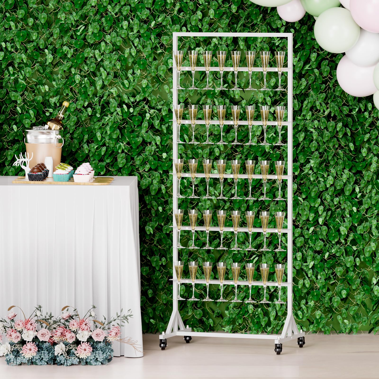 5-Tier Metal Champagne Wall Holder for Party - Holds 40 Glasses with Swivel Casters | Wedding, Birthday & Event Champagne Flute Display Stand (White, Glasses Not Included) - Perfect for Wedding Receptions, Bridal Showers & Cocktail Parties