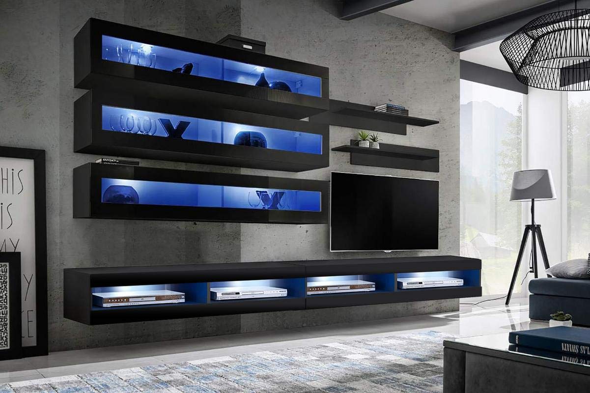 Modern Floating TV Stand with Storage & LED Lights - Wall-Mounted Entertainment Center Console for Living Room & Bedroom - J2 34TV Media Cabinet with Shelves - Black - Perfect for Small Spaces & Home Theater Setup