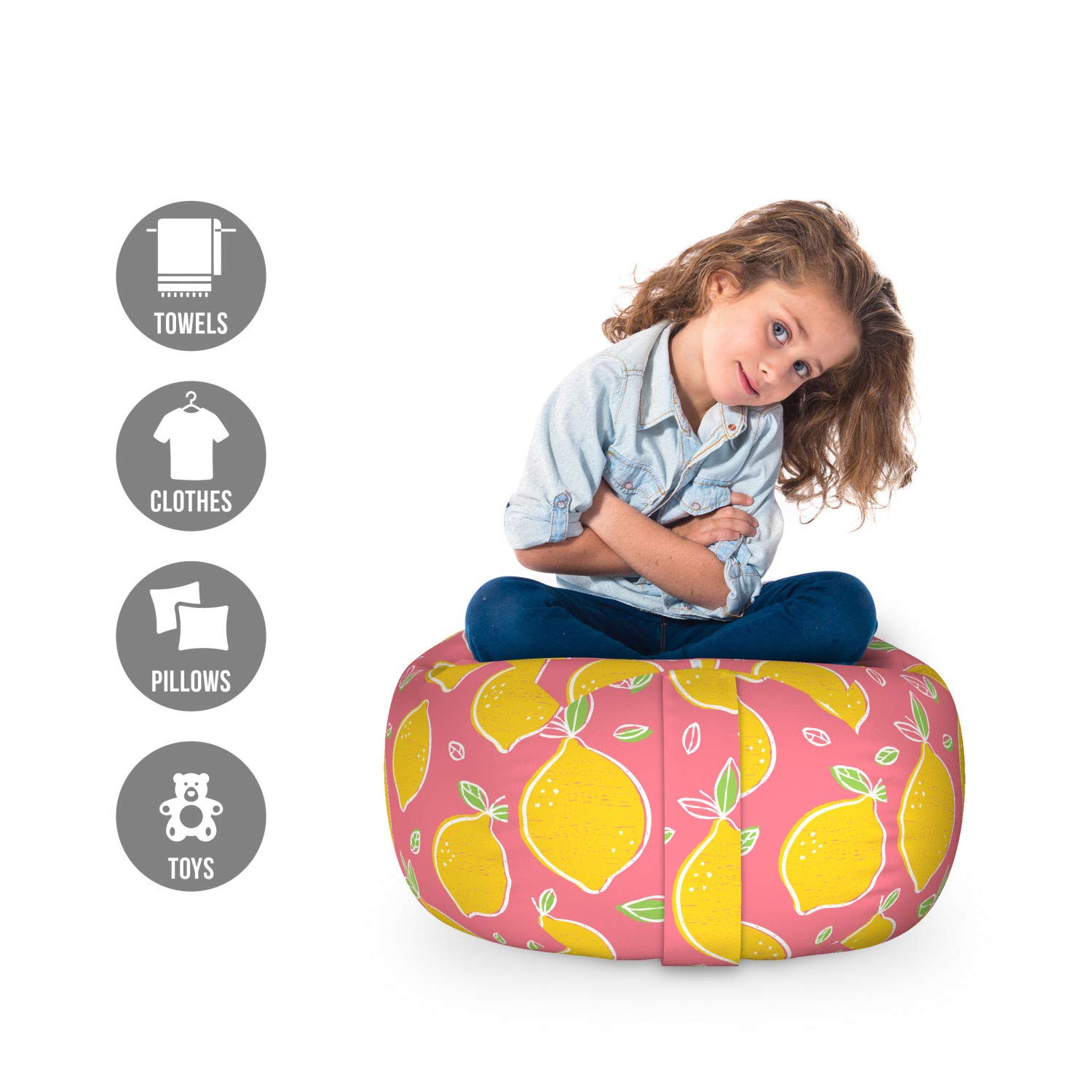 Ambesonne Lemons Toy Storage Bag Chair - Small Size, Earth Yellow & Pastel Pink, Washable Stuffed Animal Organizer with Sour Juicy Fruit Pattern - Perfect for Kids' Room, Nursery, Playroom Organization