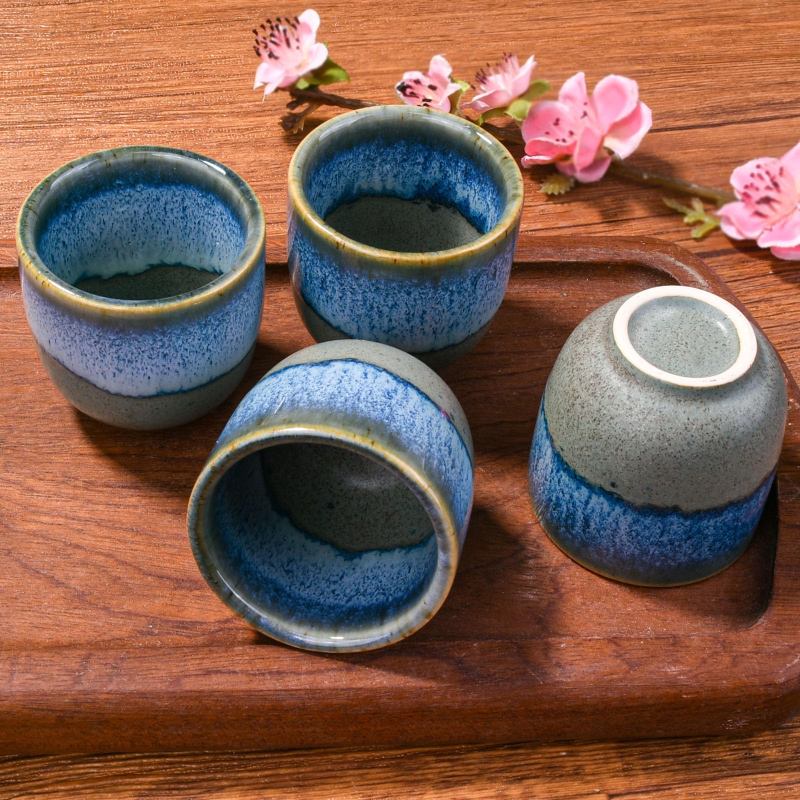 Premium Japanese Sake Set - Handcrafted Ceramic Sake Cups with Blue & Gray Glaze (Set of 6) - Perfect for Japanese Dining, Gift Giving & Home Bar Decor
