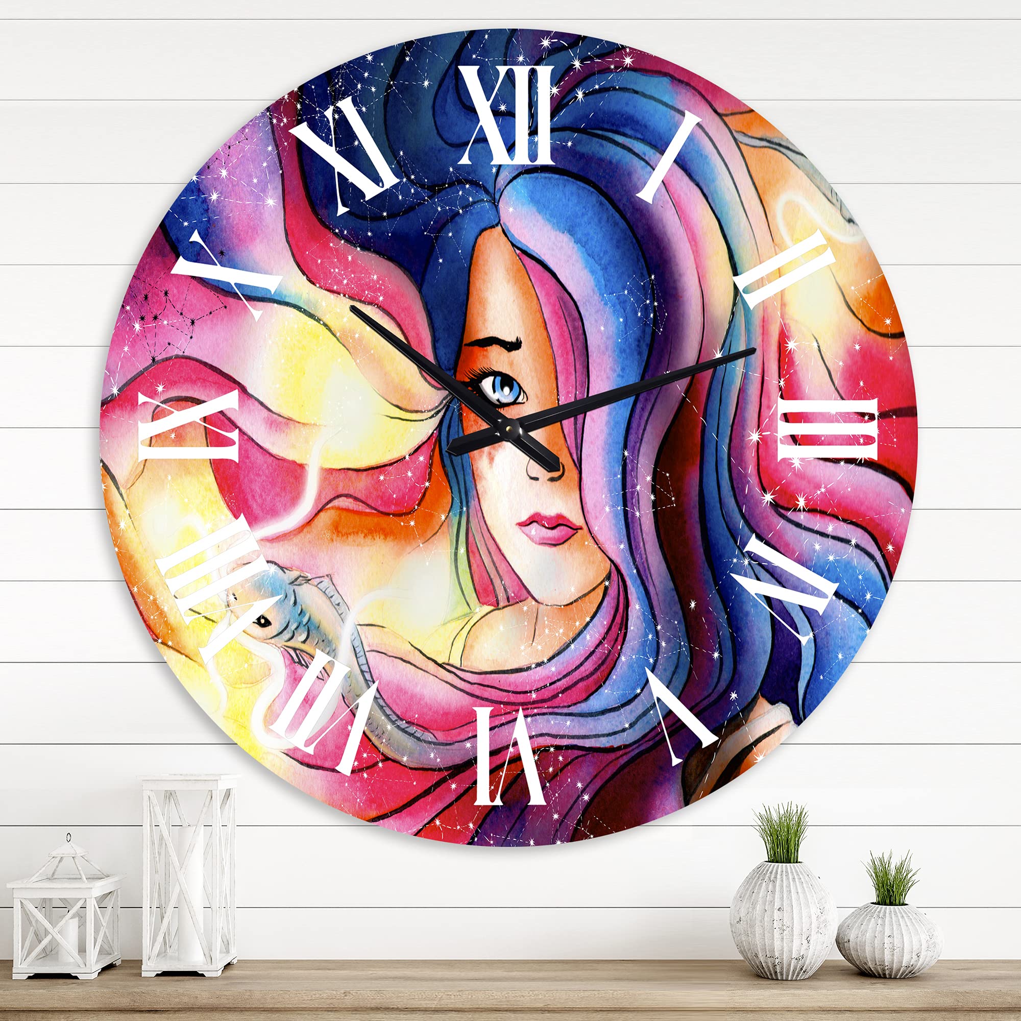 DesignQ Modern Wall Clock 'The Girl with The Glowing Hair' - Large Decorative Clock for Kitchen, Living Room, Bedroom & Office - Unique Home Decor Gift Idea