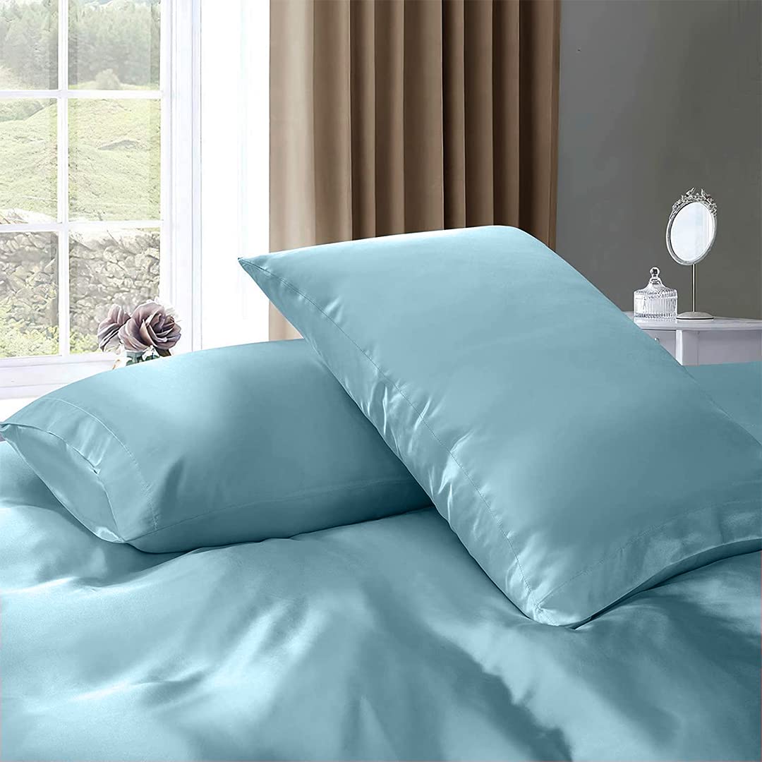 Luxury 7-Piece Twin XL Silk Satin Sheet Set - Hotel Quality Bedding with Deep Pockets - Breathable Cooling Wrinkle-Free Comfy Sky Blue Sheets for Bedroom, Guest Room & Dormitory
