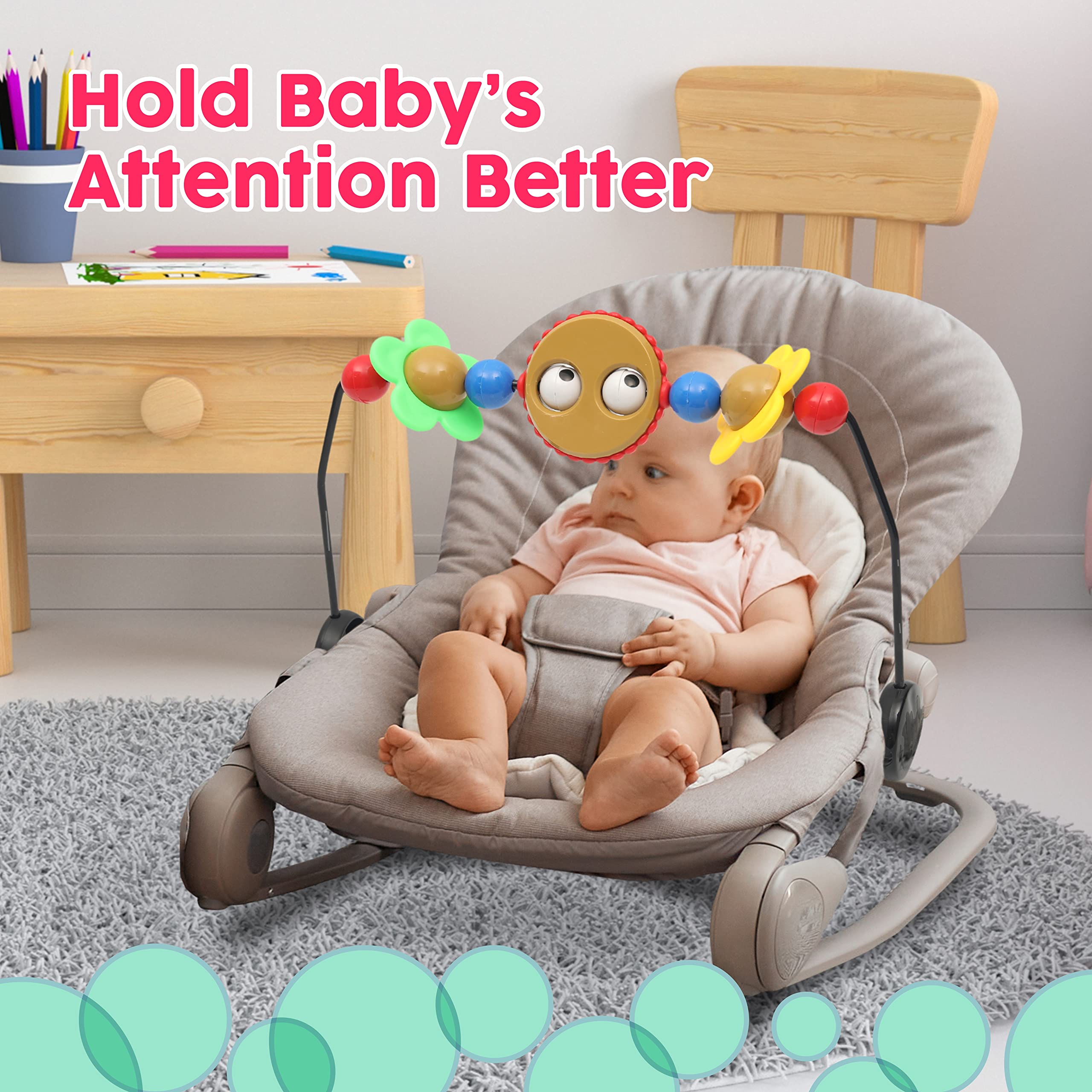 Googly Eyes Toy Bar for Baby Bouncer - Musical & Tinkling Balls, Safe Plastic Baby Bouncer Accessory - Easy to Install for Playtime & Sensory Development