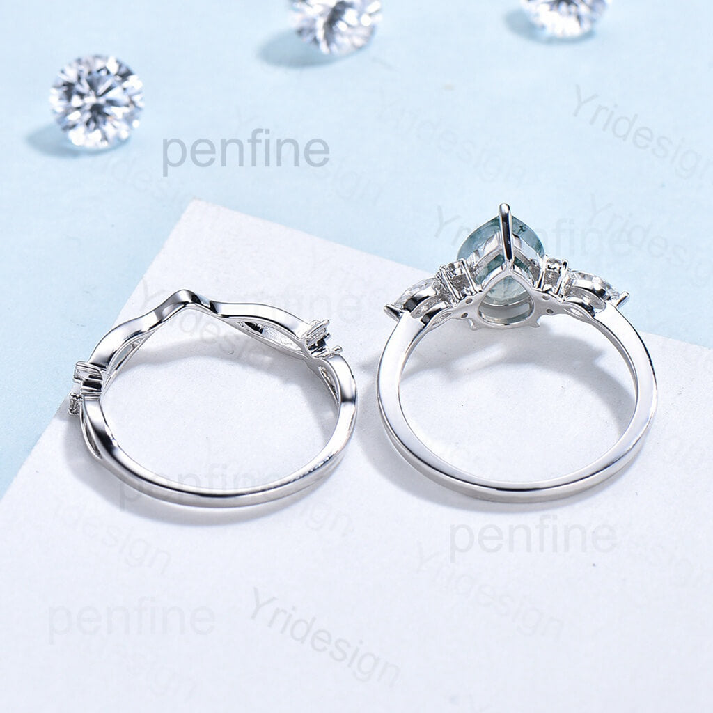 Exquisite Pear-Shaped Moss Agate Engagement Ring Set in White Gold – Perfect for Proposals, Weddings & Anniversary Gifts