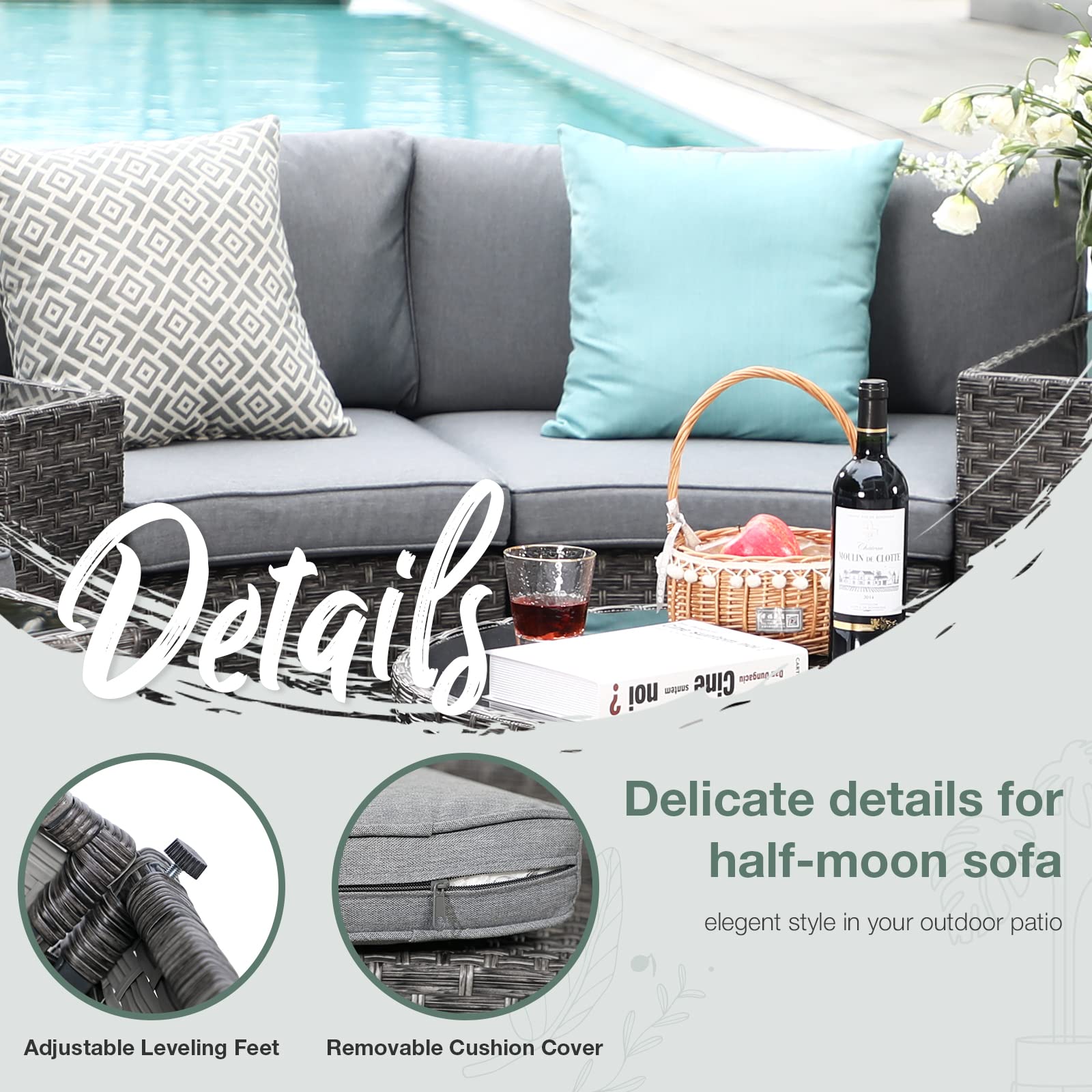 SUNSITT 2-Piece Half Moon Patio Furniture Set - Curved Outdoor Wicker Sofa Sectional with Gray Cushions for Garden, Poolside & Backyard Relaxation