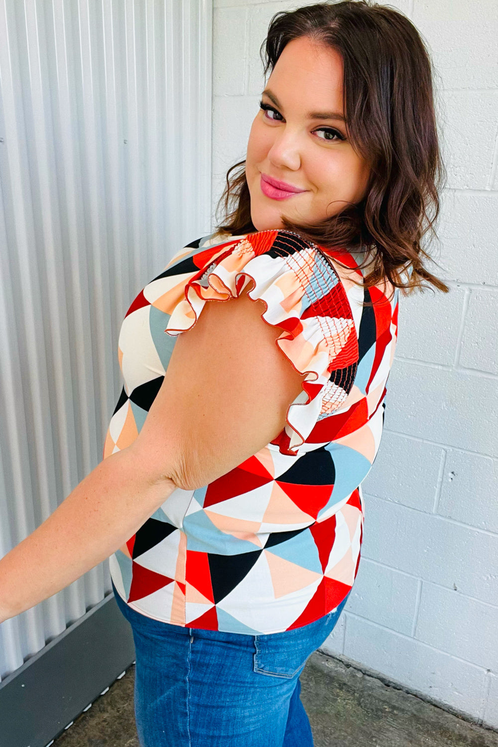 Stylish Burnt Orange Geo Print Smocked Ruffle Sleeve Blouse for Women | Trendy Casual & Party Wear | Perfect for Date Nights, Office Outfits & Summer Fashion