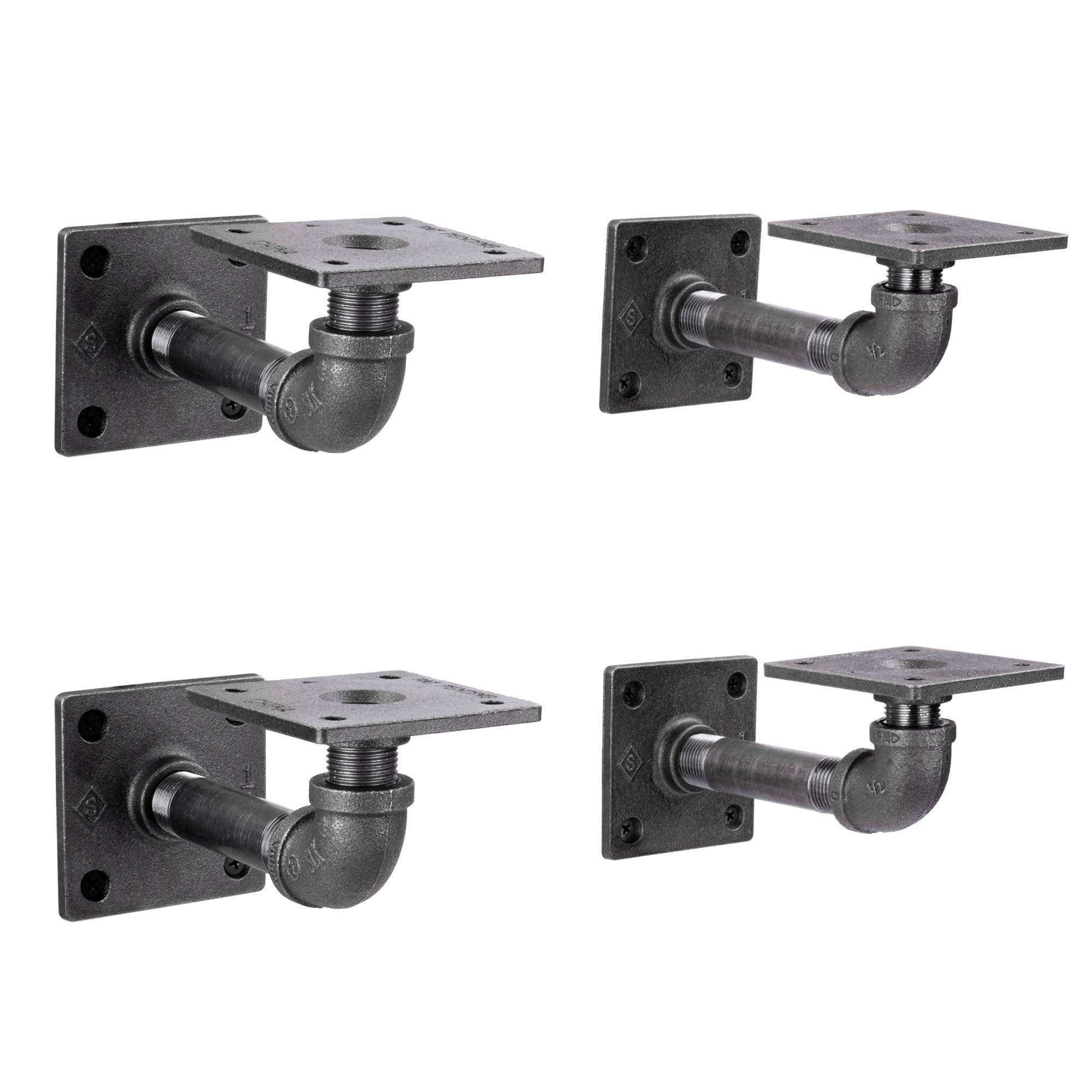 Industrial Pipe Shelf Brackets Set of 4 - Heavy Duty Cast Iron Floating Shelf Brackets with Square Flanges - Rustic Grey Metal Wall Mounted Shelving Supports - Perfect for DIY Home Decor, Vintage Furniture & Custom Floating Shelves (4 Inch Pipe) - Ideal for Living Room, Bedroom, Kitchen & Office Organization