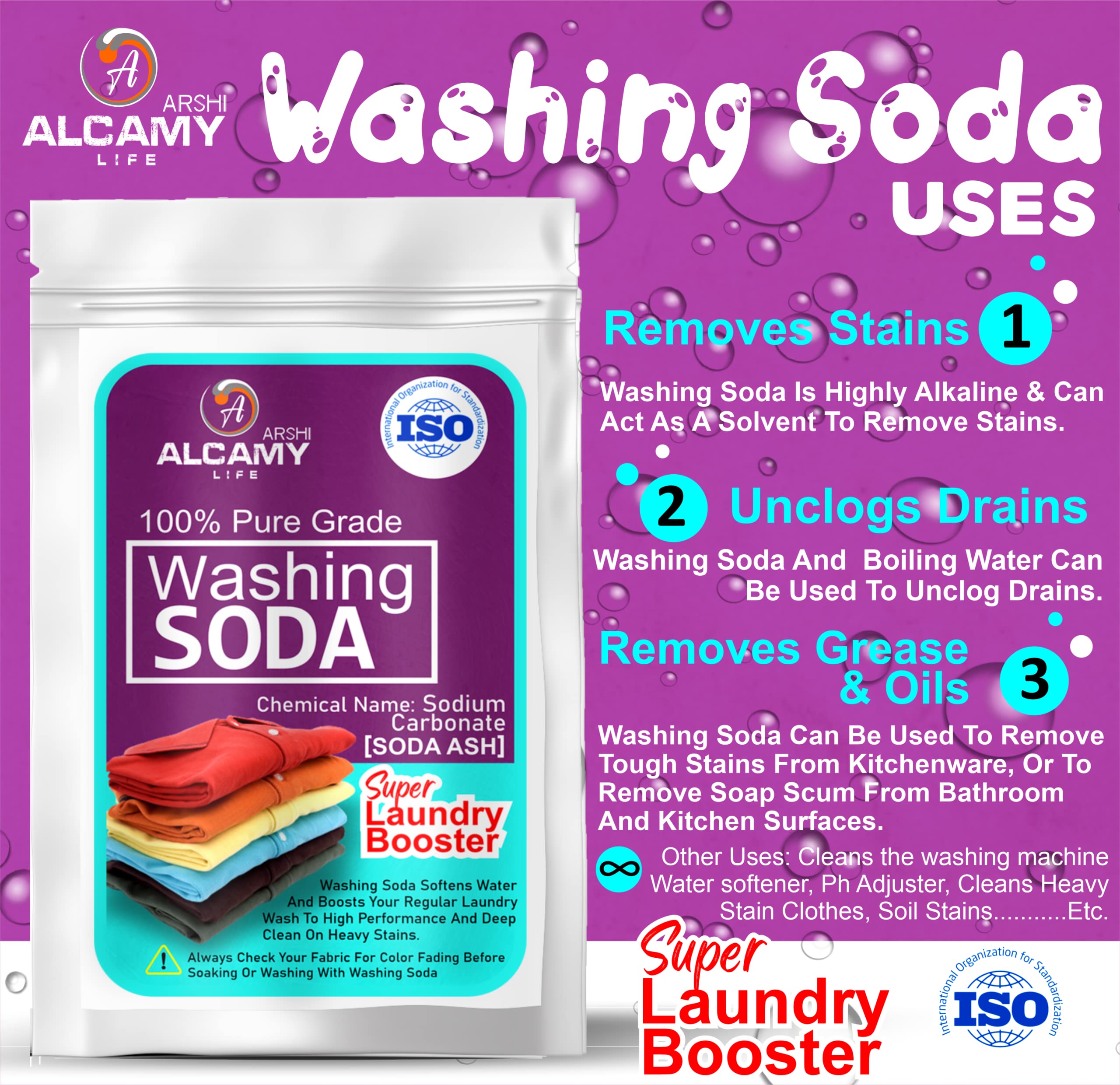 ARSHI A ALCAMY LIFE 100% Pure Washing Soda Powder - 450g Super Trial Pack | Laundry Booster & Stain Remover | Sodium Carbonate for Cleaning, DIY Soap Making & Household Uses